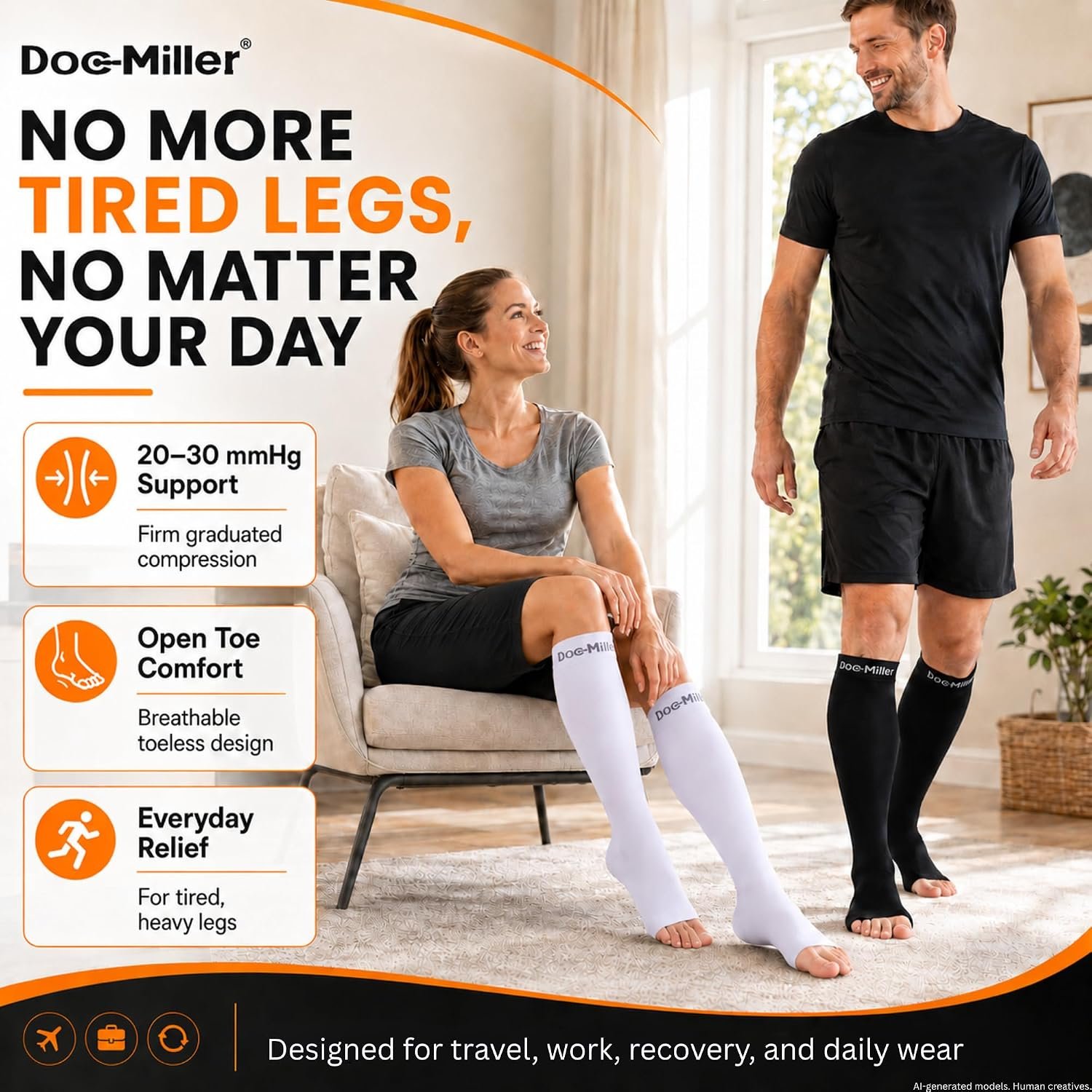 Doc Miller Open Toe Compression Socks, 20-30 mmHg, Knee High, Men & Women | Toeless Compression Sleeves, Knee-High Stockings: Shin Splints, Varicose Veins, Travel, Calf Support & Muscle Recovery, Pair - Image 2