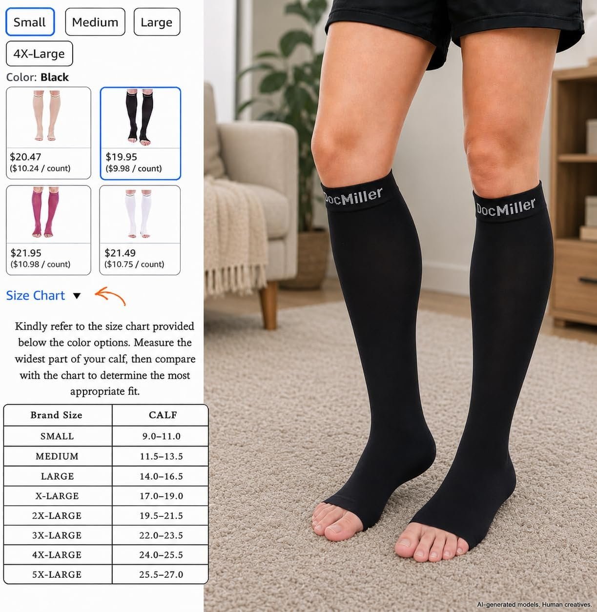 Doc Miller Open Toe Compression Socks, 20-30 mmHg, Knee High, Men & Women | Toeless Compression Sleeves, Knee-High Stockings: Shin Splints, Varicose Veins, Travel, Calf Support & Muscle Recovery, Pair - Image 3