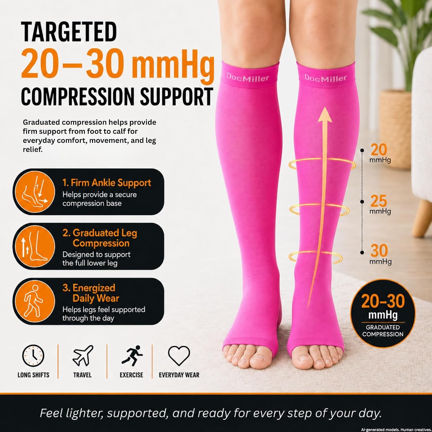Doc Miller Open Toe Compression Socks, 20-30 mmHg, Knee High, Men & Women | Toeless Compression Sleeves, Knee-High Stockings: Shin Splints, Varicose Veins, Travel, Calf Support & Muscle Recovery, Pair - Image 5