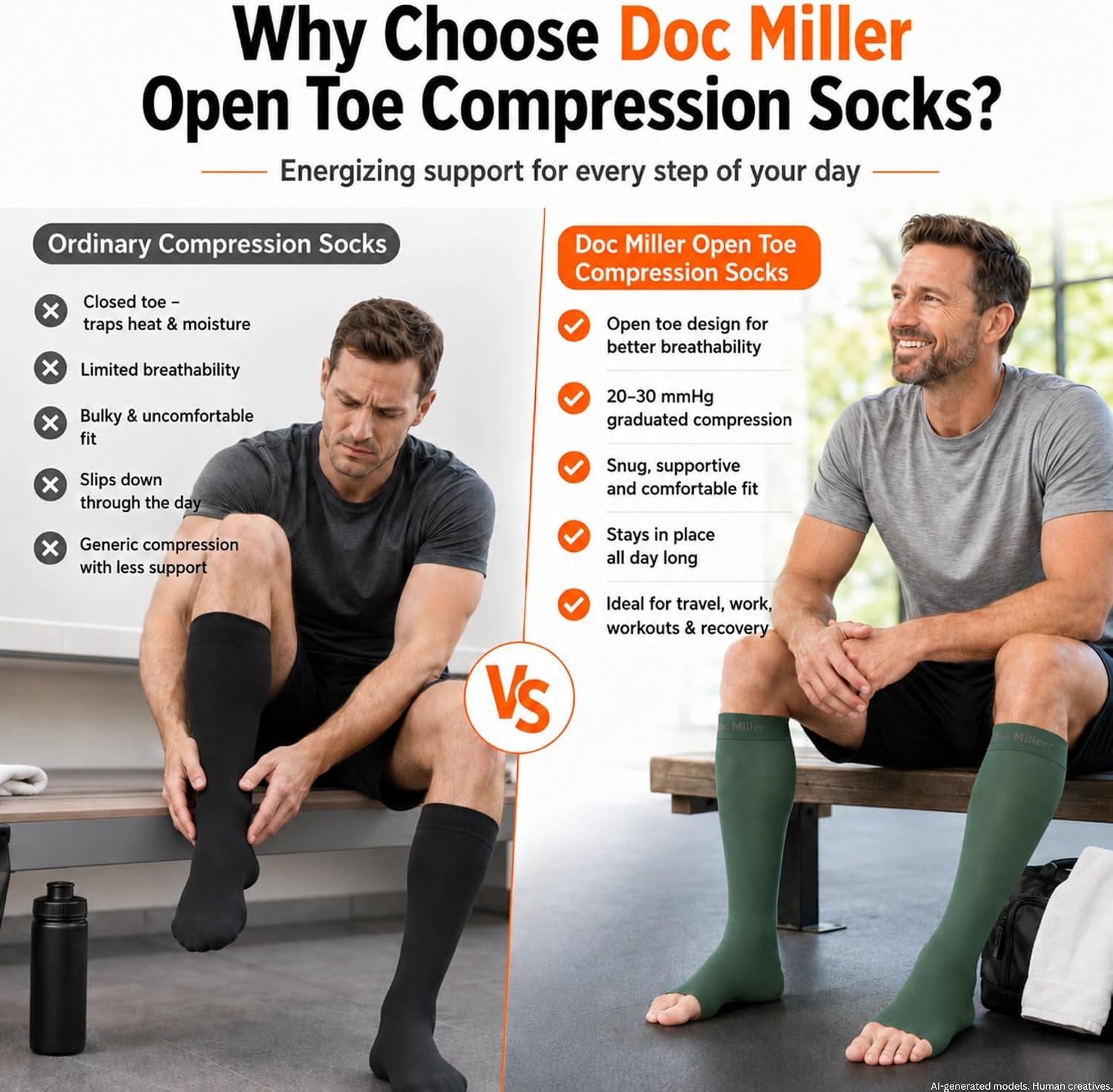 Doc Miller Open Toe Compression Socks, 20-30 mmHg, Knee High, Men & Women | Toeless Compression Sleeves, Knee-High Stockings: Shin Splints, Varicose Veins, Travel, Calf Support & Muscle Recovery, Pair - Image 7