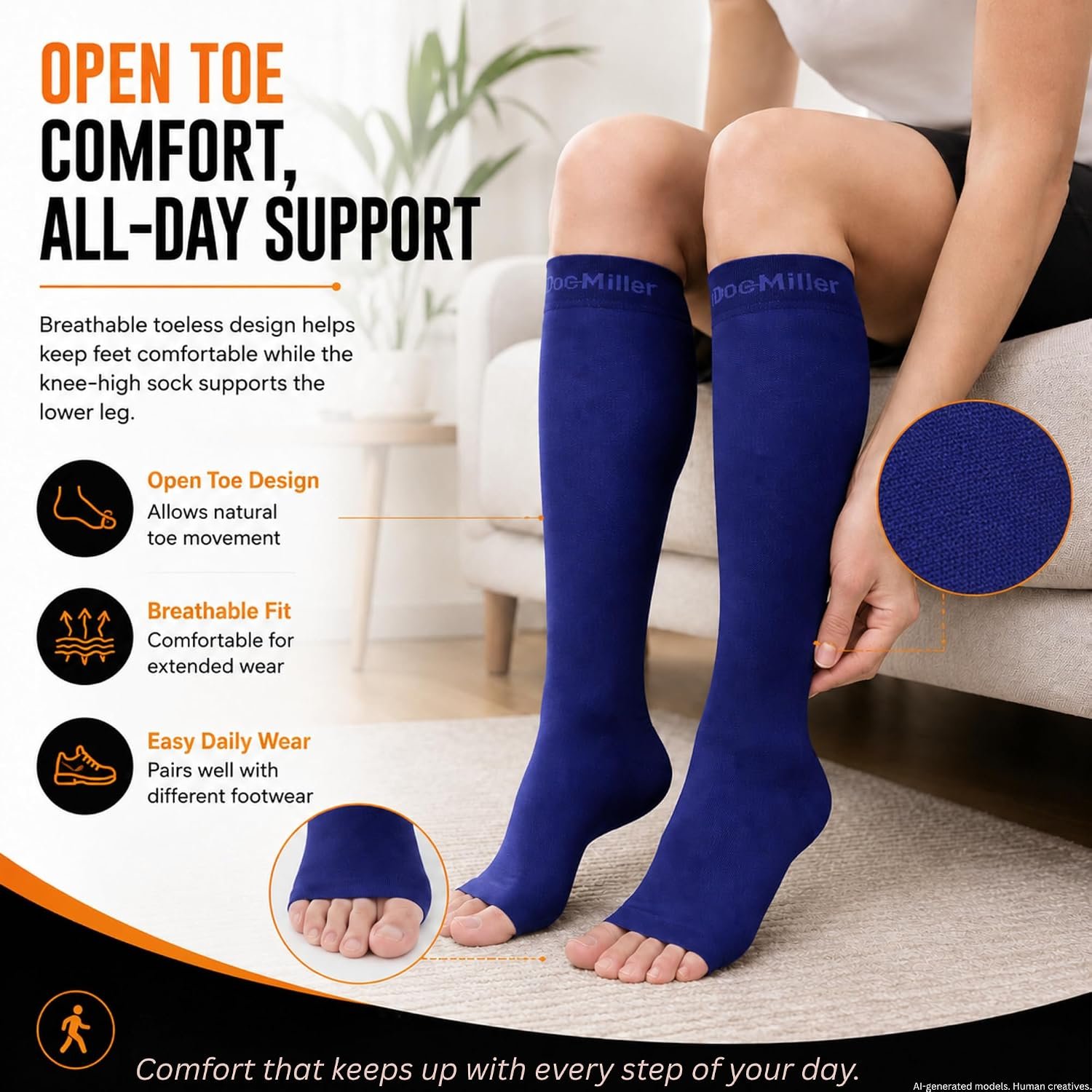 Doc Miller Open Toe Compression Socks, 20-30 mmHg, Knee High, Men & Women | Toeless Compression Sleeves, Knee-High Stockings: Shin Splints, Varicose Veins, Travel, Calf Support & Muscle Recovery, Pair - Image 8