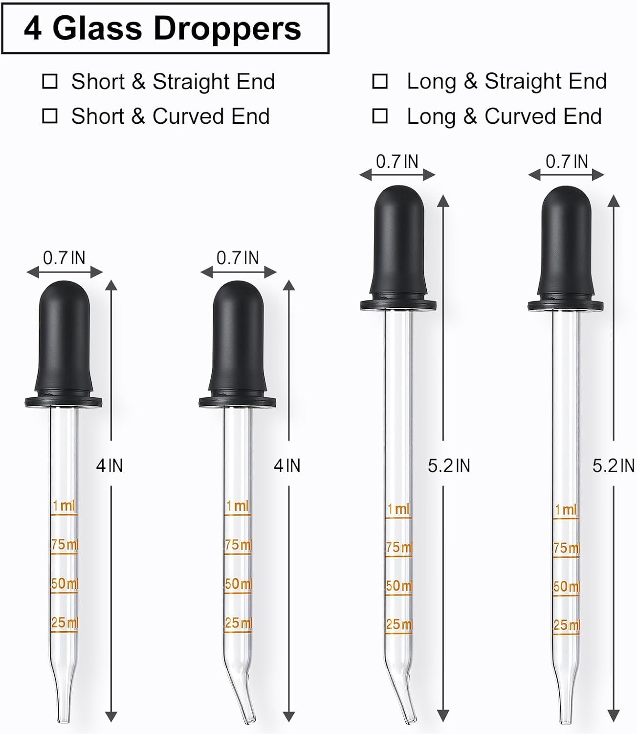 4 Pack, 1 mL Glass Eye Dropper with Measurement - Long & Short, Bent & Straight Tip Calibrated Glass Medicine Droppers, Accurate Dose Pipette Dropper for Essential Oils, Feeding, Ear, Lab, Health Care - Image 2
