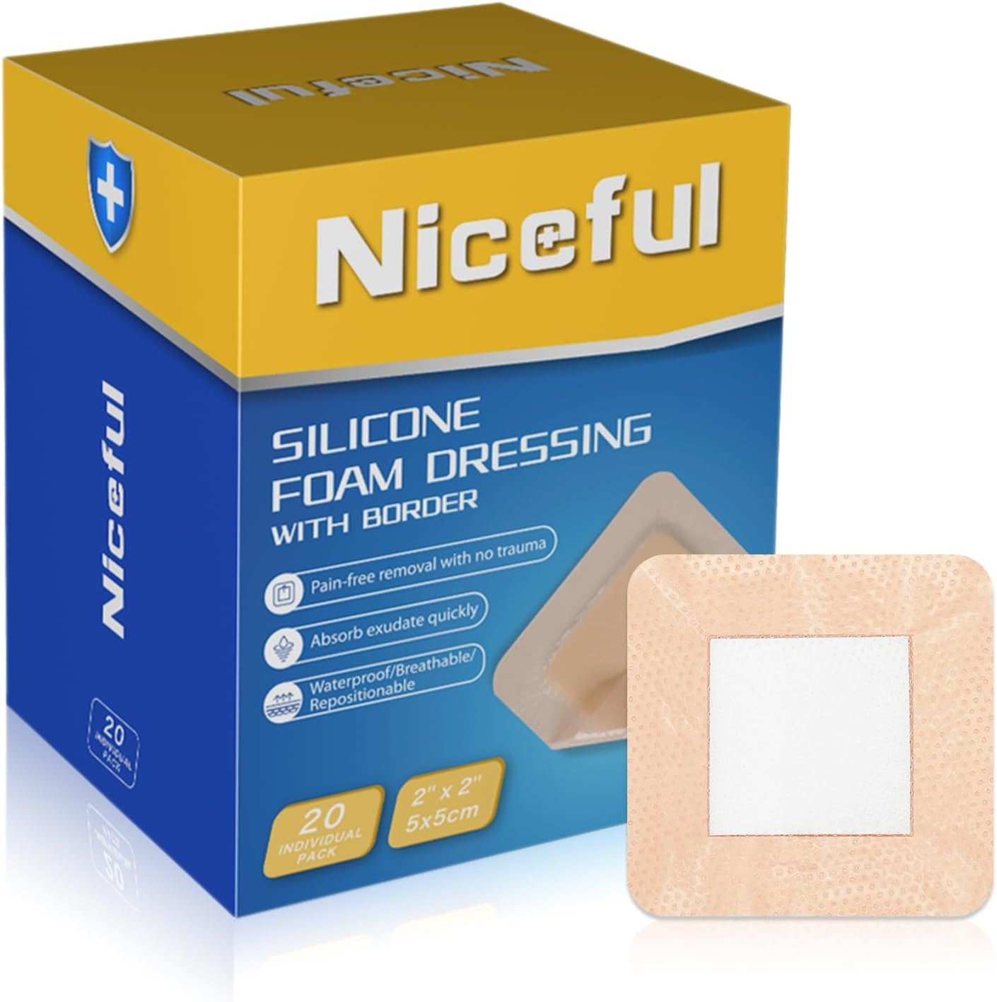 Niceful Silicone Foam Dressing Gentle Border 2"x2" 20 Count, Extra Hold | Gentle Border Foam Bandage, 5-Layer Absorption, Waterproof Pain-Free Removal, Cuts & Mild Burns, 20 Individually Wrapped