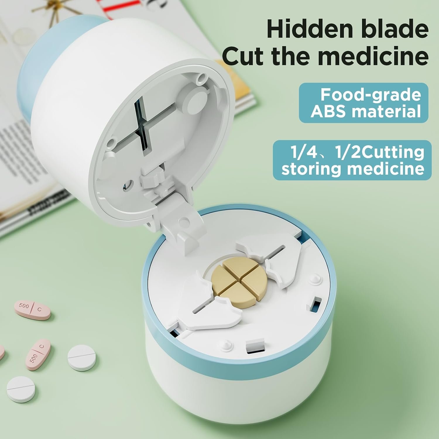 Pill Cutter 1/4 - Pill Splitter with Stainless Steel Blade for Cutting Small Pills or Large Pills in one Fourth, Suitable for Cuting Vitamins, Tablets (1-4 Blue) - Image 2