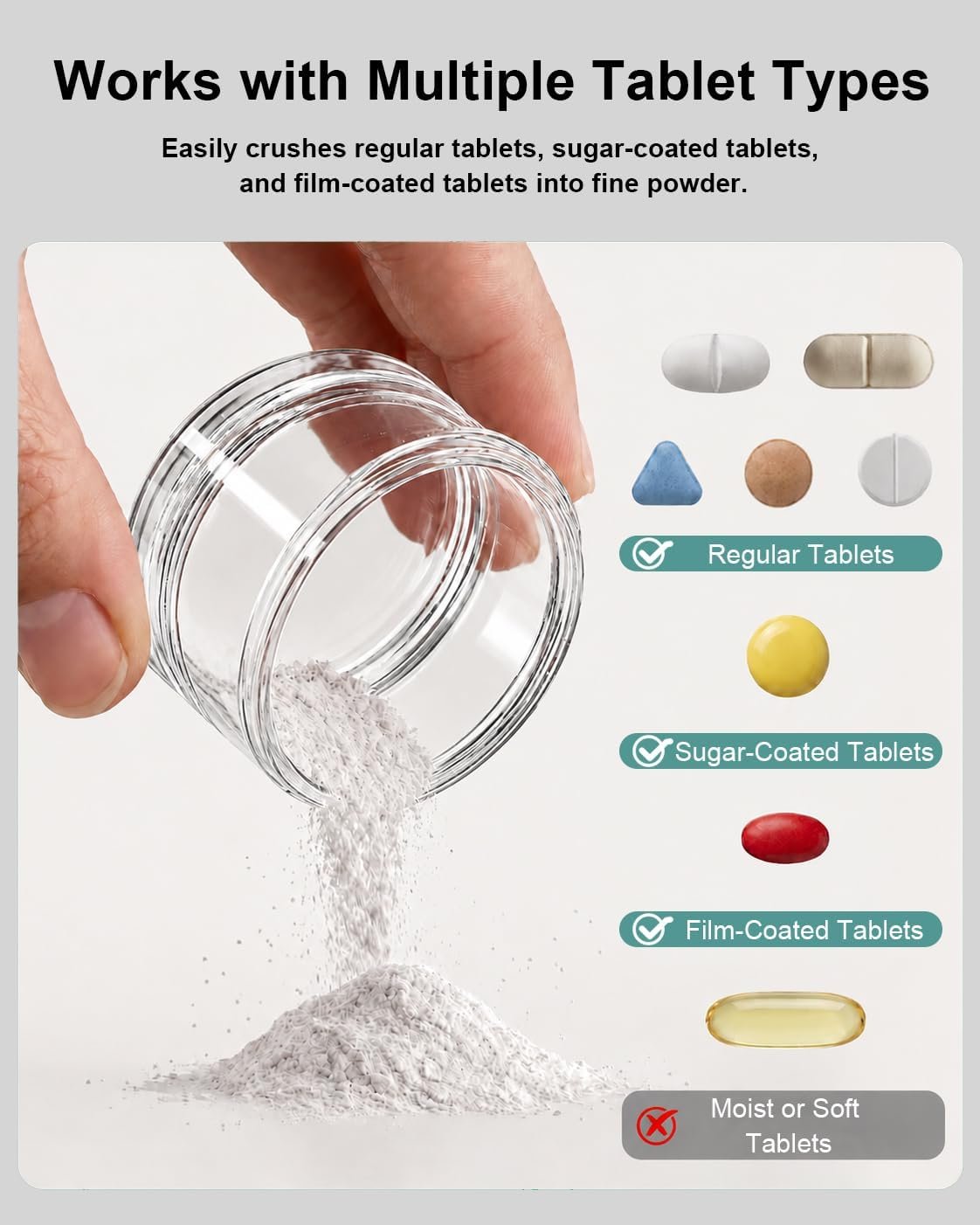 Small Portable Pill Crusher Grinder to Fine Powder for Elderly (Wood) | Crushes Multiple Pills, Small and Large Medication and Vitamin Tablets, Great for Feeding Tube, Kids, Pets - Ideal for Travel - Image 3