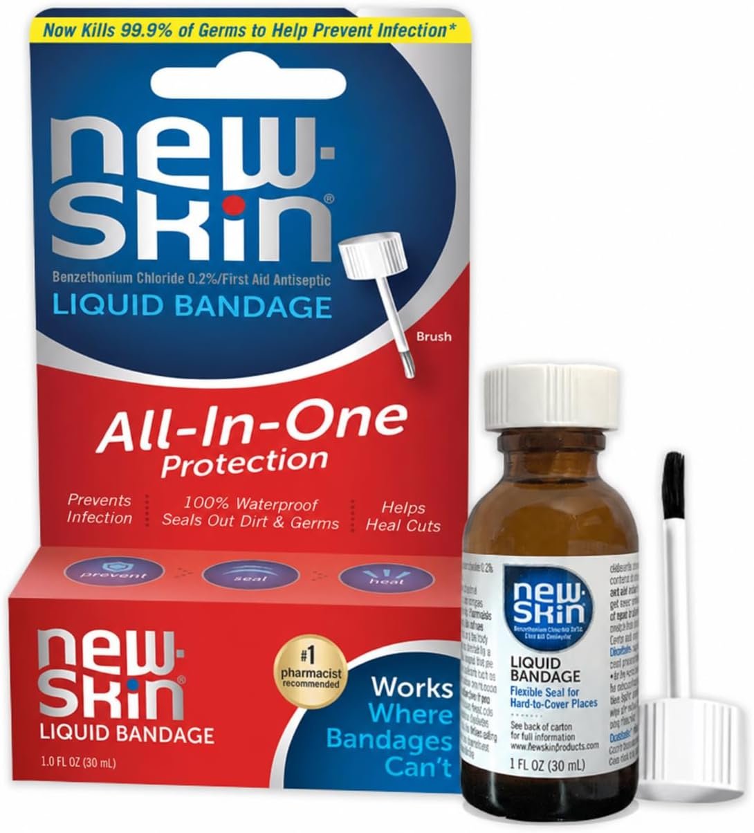 New-Skin Liquid Bandage, Waterproof for Scrapes and Minor Cuts, 1 Fl Oz | Antiseptic waterproof liquid bandage dries quickly, clear and protects cuts, blisters, hangnails, calluses and cracked skin.