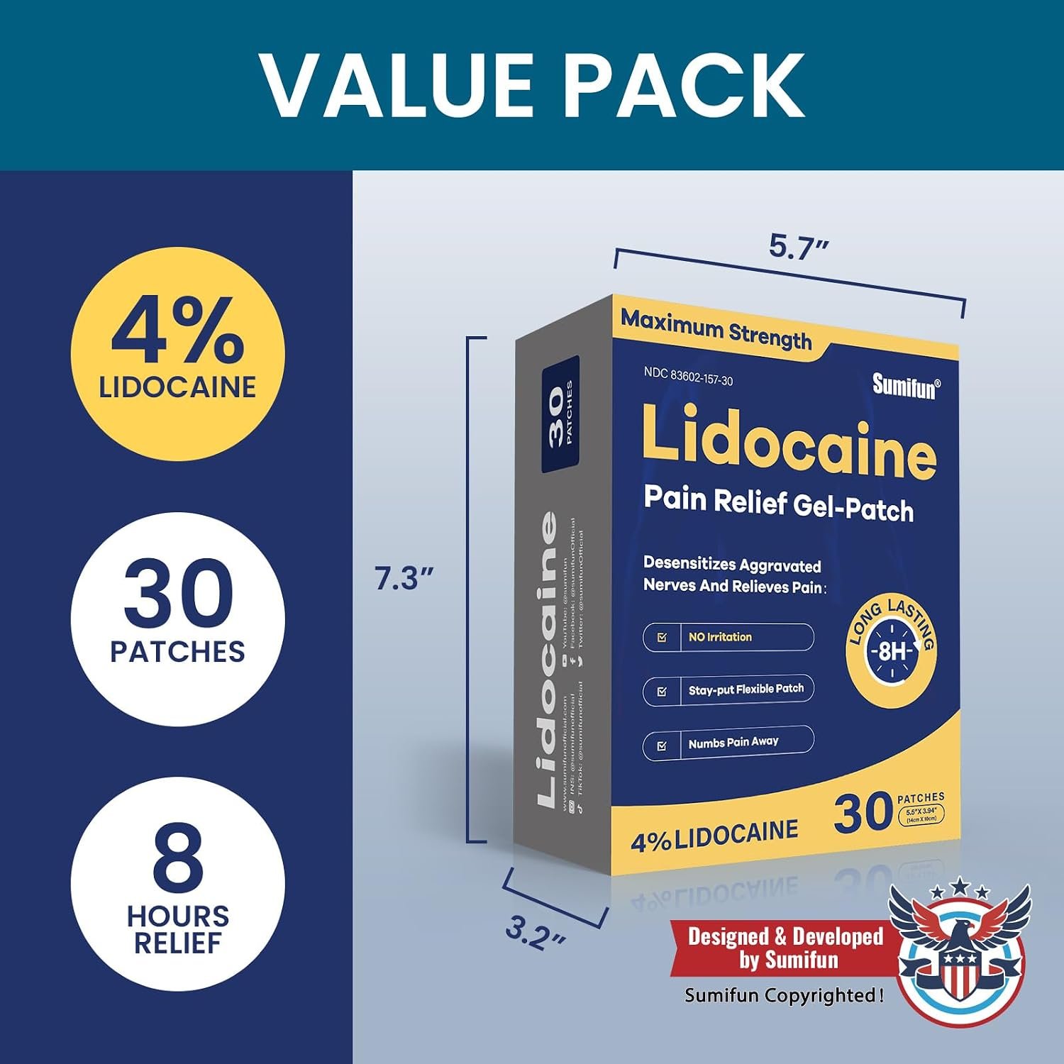 Sumifun 4% Lidocaine Pain Relief Patches 30 Count(Pack of 1) | Maximum Strength Numbing Gel Patch for Back Knee Neck Joint Ache Muscle Soreness Topical Analgesic - Image 5