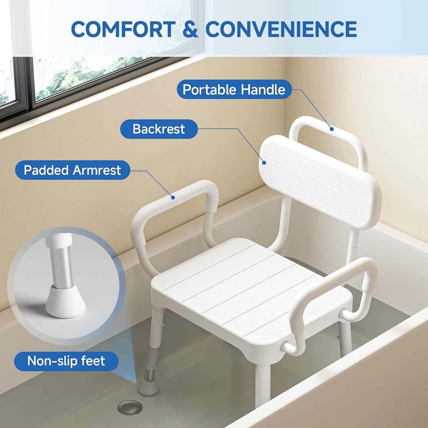 Loyoda Shower Chair for Inside Shower with Back & Arms, Ideal for Seniors | Height Adjustable Shower seat for Disabled, 350 lb Capacity, Non-Slip, Rust-Resistant Aluminum Frame - Image 2