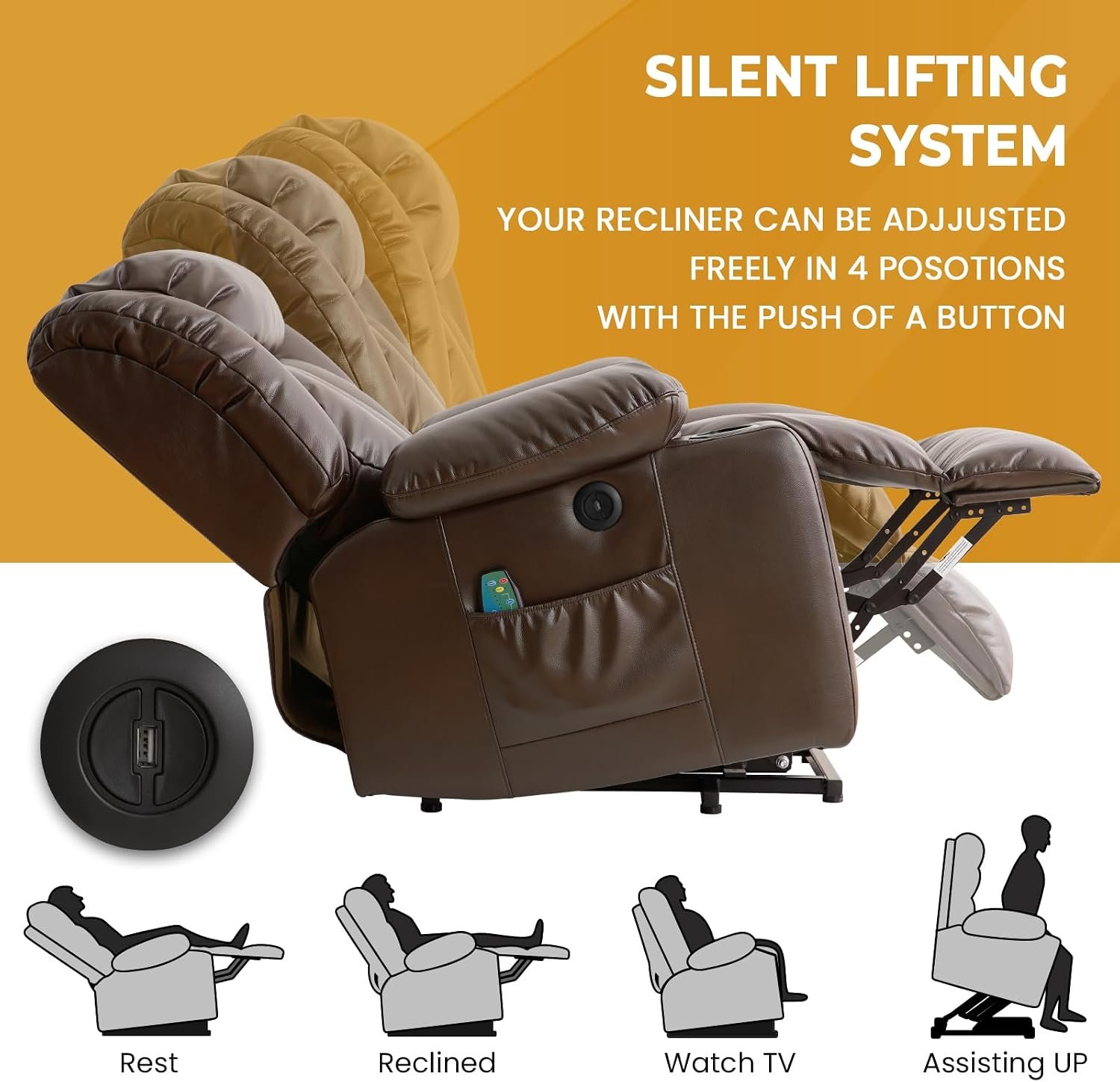 PARKOL Leather Power Lift Recliner Chair for Elderly and Adults | 8-point massage, lumbar heat, silent motor, water-resistant PU leather, USB charging and cup holders, easy assembly - Image 4