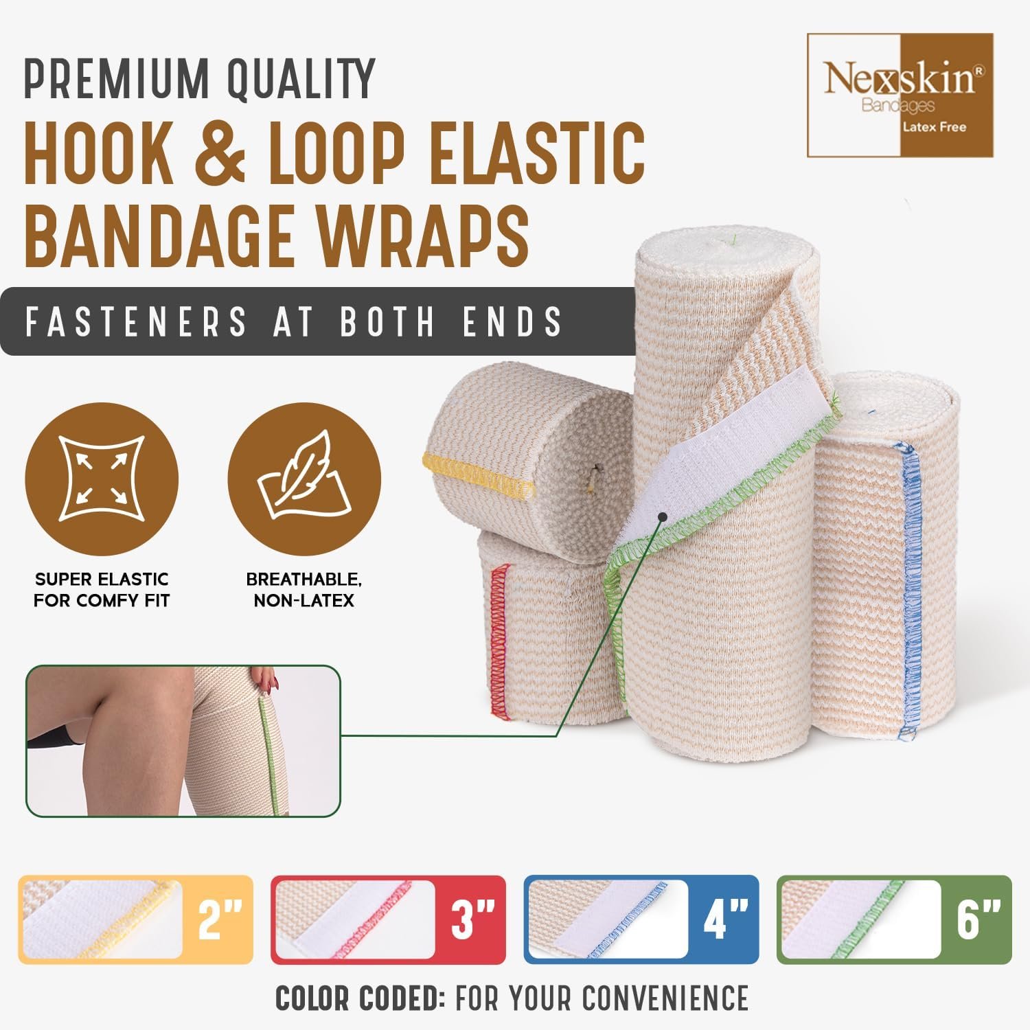 Premium Elastic Bandage Wrap (2” Wide, 2 Pack) - Nexskin Latex Free Athletic/Medical Compression Bandages Hook & Loop Fasteners at Both Ends - Lifetime Washable & Reusable Bandages - Image 6