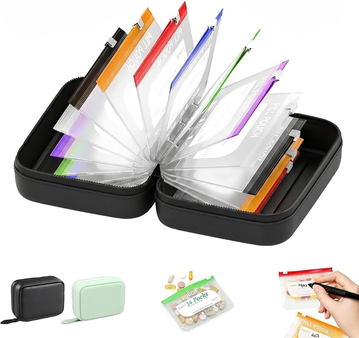 Waterproof Pill Pouch Set, Waterproof Pill Organizer Set with 14pcs Bags Inside, 7 to 14 Days of Meds & Medicine Crush-Resistant Shell, Portable Travel Pill Storage System for Holder Travel (Black)