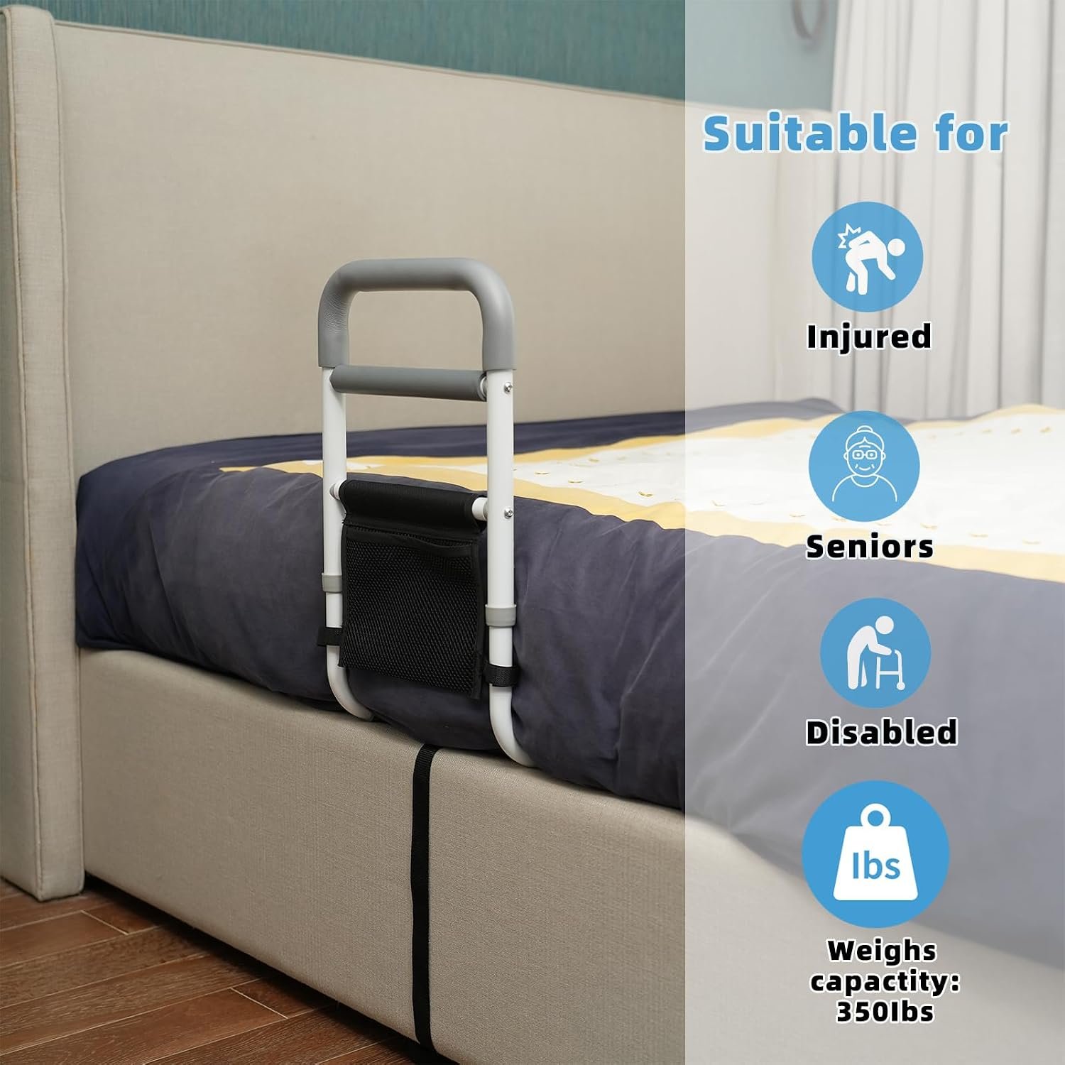 Bed Rails for Elderly Adults Safety, 350LBS Heavy Duty Grab Bar | Bed Assist Rail for Seniors, Non-Slip Bedside Handle, Fall Prevention Cane with Storage Pocket, Fits King/Queen/Full/Twin Bed - Image 6