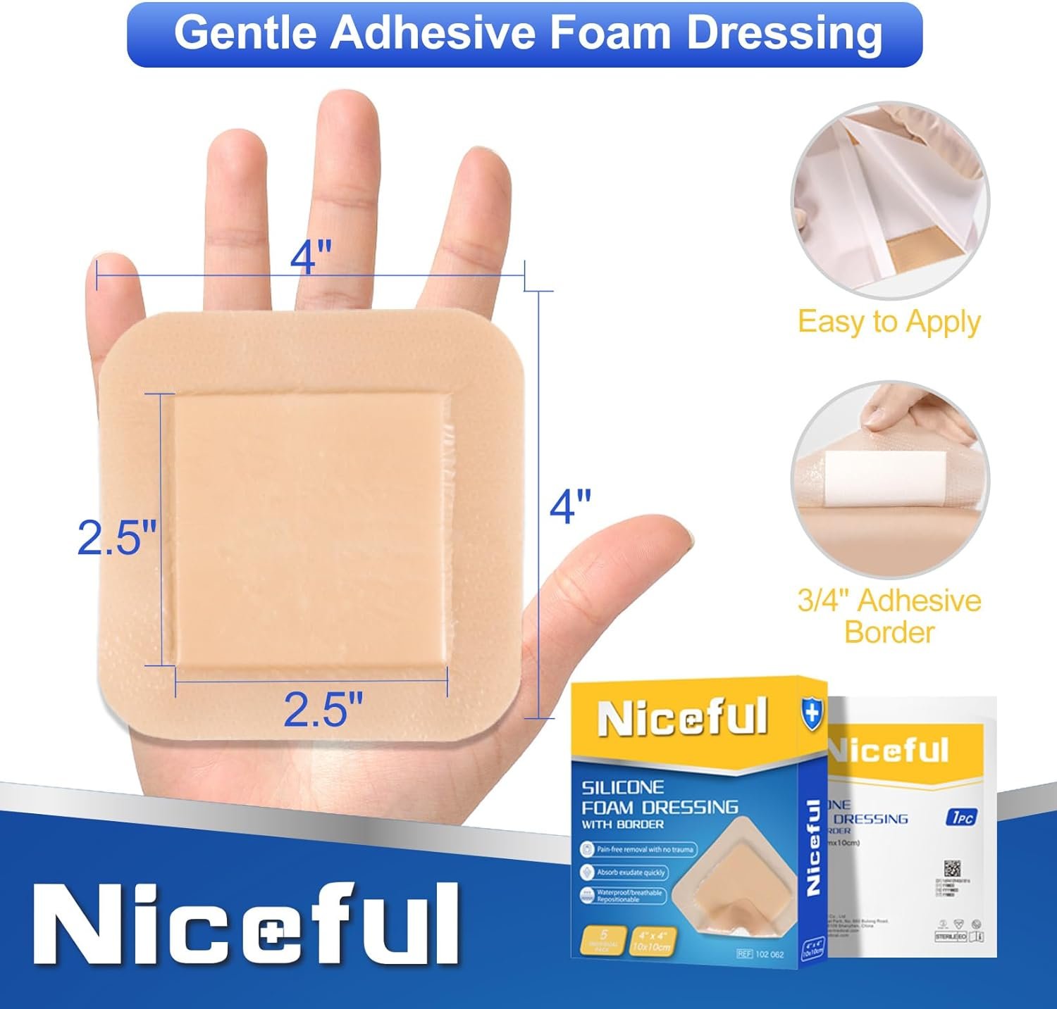 Niceful Silicone Foam Dressing 4"x4", Waterproof Silicone Bandages with Border Adhesive, High Absorbency Bed Sore Bandages Wound Care Dressing (2.5"X2.5" Pad), 5 Packs, FSA HSA Eligible | Bordered Silicone Foam, 5-Layer Exudate Lock, Waterproof Painless Removal, Mild-Moderate Wounds - Image 3