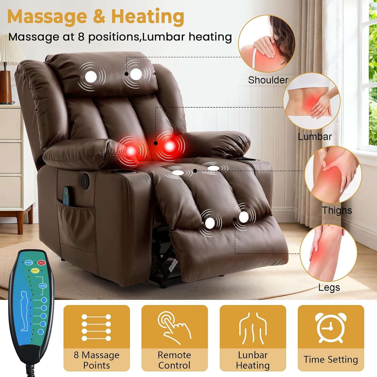 PARKOL Leather Power Lift Recliner Chair for Elderly and Adults | 8-point massage, lumbar heat, silent motor, water-resistant PU leather, USB charging and cup holders, easy assembly - Image 3