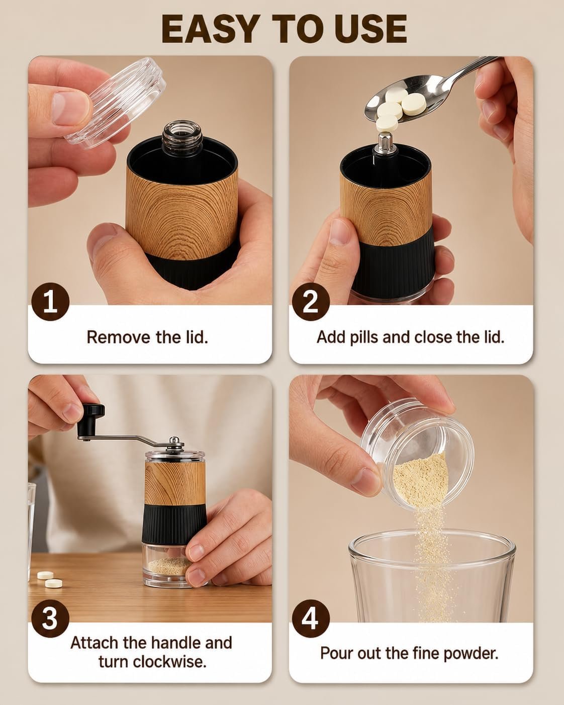 Small Portable Pill Crusher Grinder to Fine Powder for Elderly (Wood) | Crushes Multiple Pills, Small and Large Medication and Vitamin Tablets, Great for Feeding Tube, Kids, Pets - Ideal for Travel - Image 5