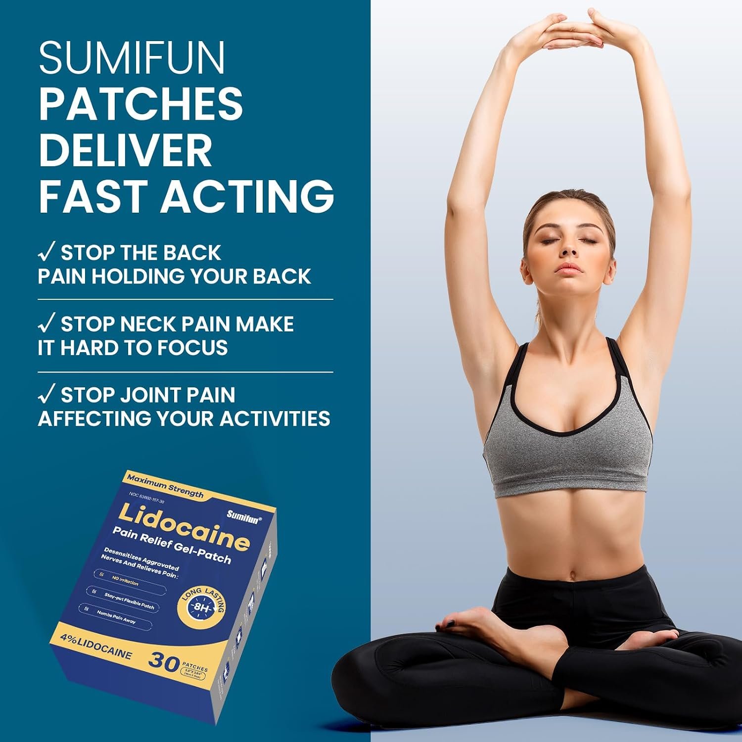 Sumifun 4% Lidocaine Pain Relief Patches 30 Count(Pack of 1) | Maximum Strength Numbing Gel Patch for Back Knee Neck Joint Ache Muscle Soreness Topical Analgesic - Image 3