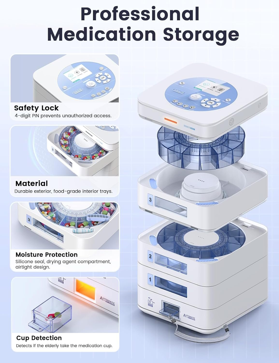 42-Day(1X) Automatic Pill Dispenser (Expandable Tray) – App & On-Device Setup by Family, LCD Display, Digital Lock, Sound & Light Alerts –Safe Medication Organizer for Dementia Seniors (3-Tray, White) - Image 6