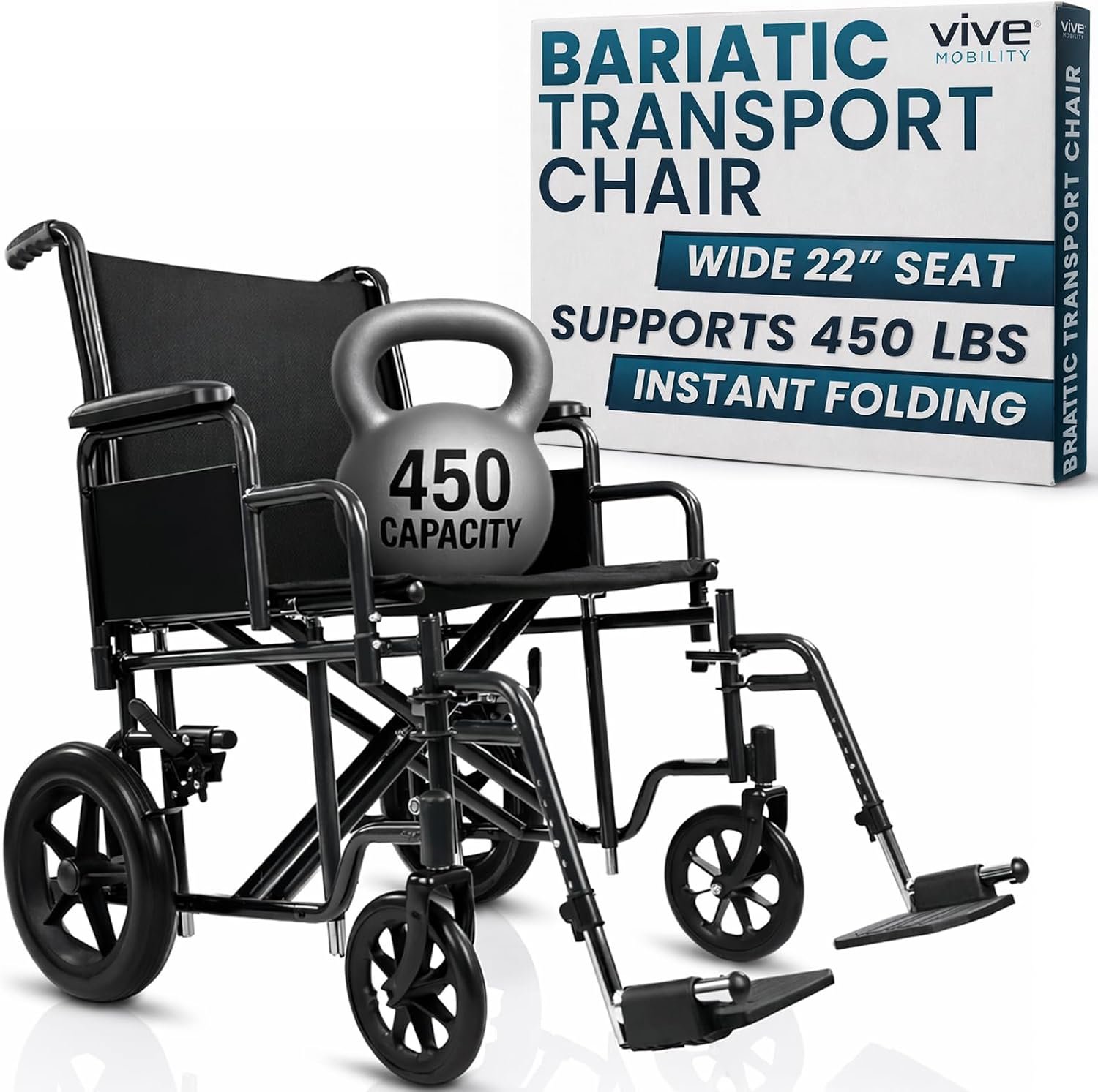 Vive Mobility Bariatric Transport Wheelchair for Adults - Supports 450lbs | Foldable, Heavy Duty Travel Wheel Chair - Portable, Transfer Aid with Swing Away Footrests & 22 Inch Wide Seat