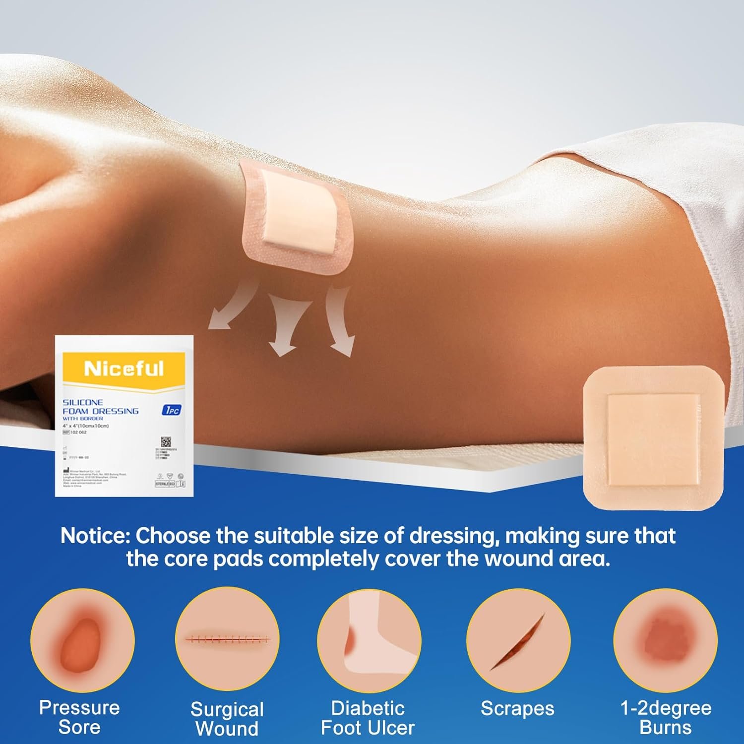 Niceful Silicone Foam Dressing 4"x4", Waterproof Silicone Bandages with Border Adhesive, High Absorbency Bed Sore Bandages Wound Care Dressing (2.5"X2.5" Pad), 5 Packs, FSA HSA Eligible | Bordered Silicone Foam, 5-Layer Exudate Lock, Waterproof Painless Removal, Mild-Moderate Wounds - Image 4