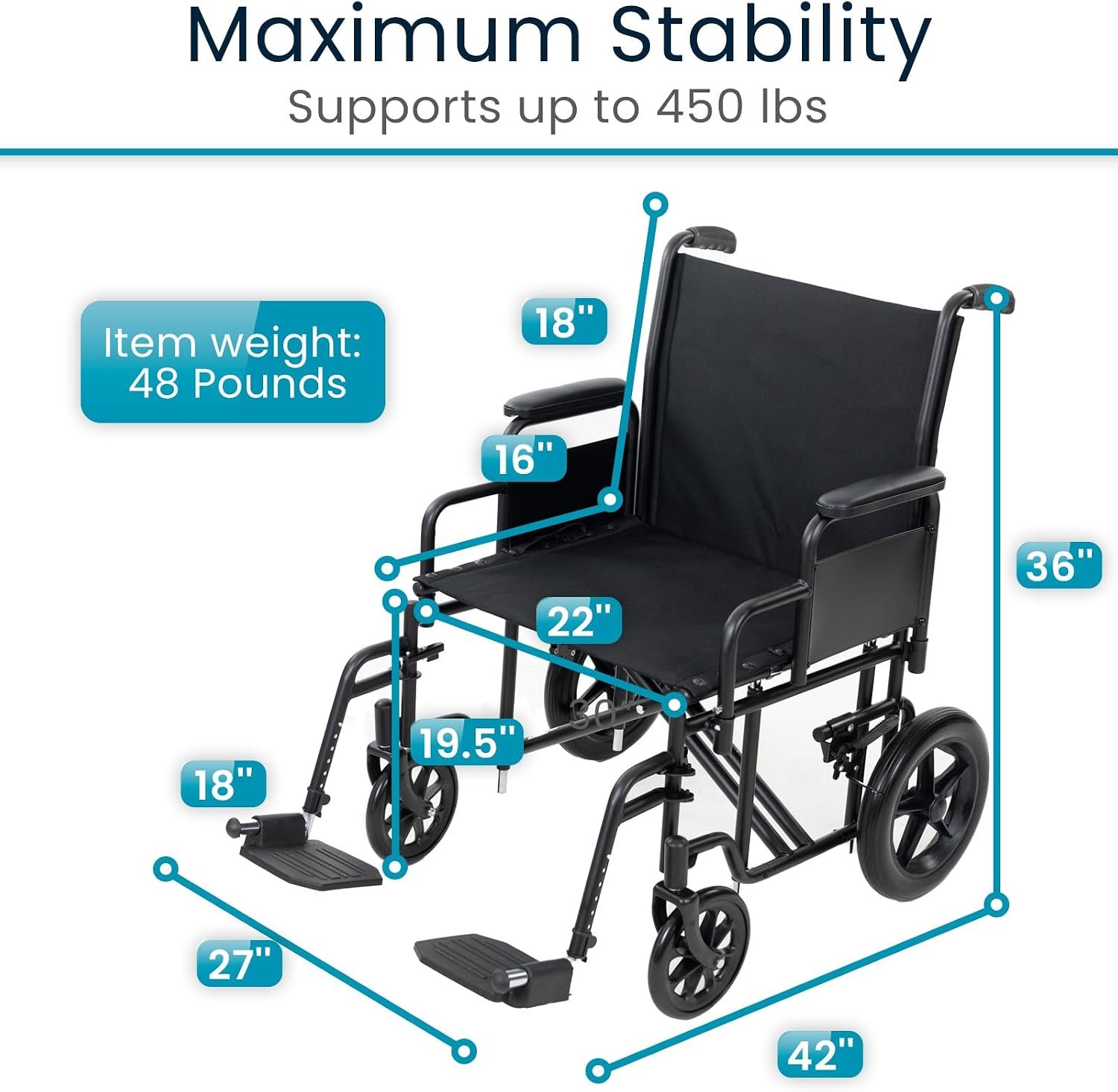 Vive Mobility Bariatric Transport Wheelchair for Adults - Supports 450lbs | Foldable, Heavy Duty Travel Wheel Chair - Portable, Transfer Aid with Swing Away Footrests & 22 Inch Wide Seat - Image 4