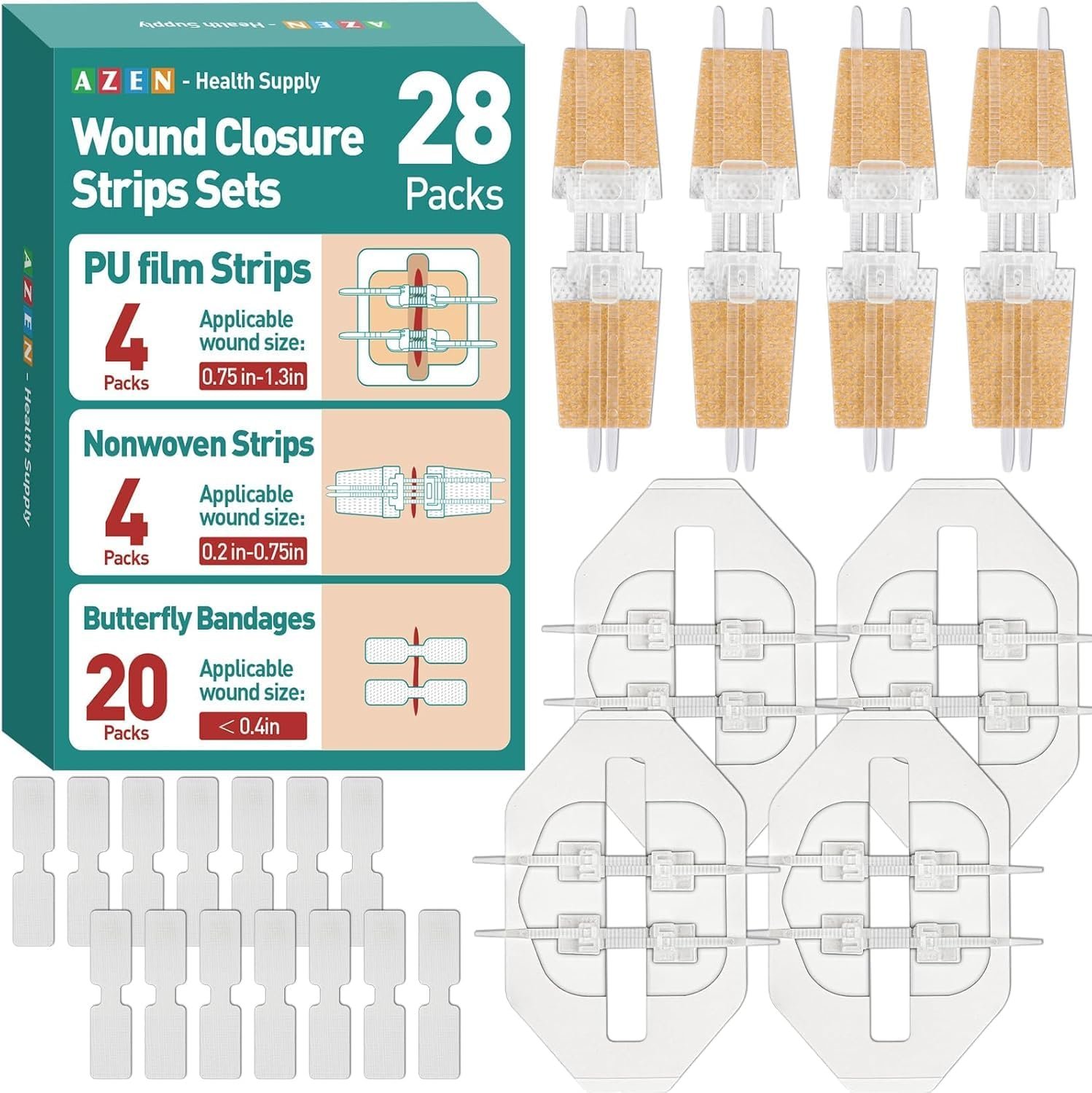 AZEN 28 Pack Wound Closure Strips, 3 Types Butterfly Bandages, Emergency Laceration Closure Kit, Repair Wounds Without Stitches, Quick Clot Zip Stitch Wound Closures Device