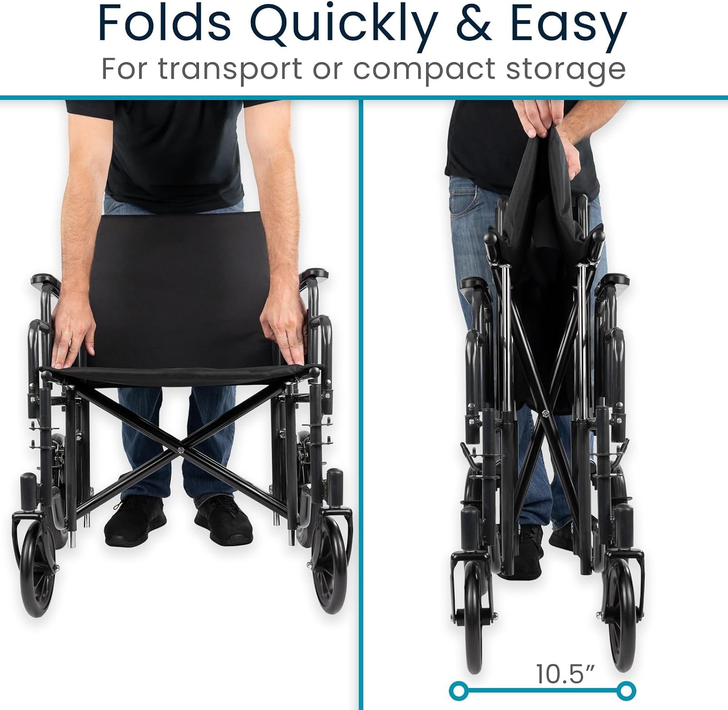 Vive Mobility Bariatric Transport Wheelchair for Adults - Supports 450lbs | Foldable, Heavy Duty Travel Wheel Chair - Portable, Transfer Aid with Swing Away Footrests & 22 Inch Wide Seat - Image 7