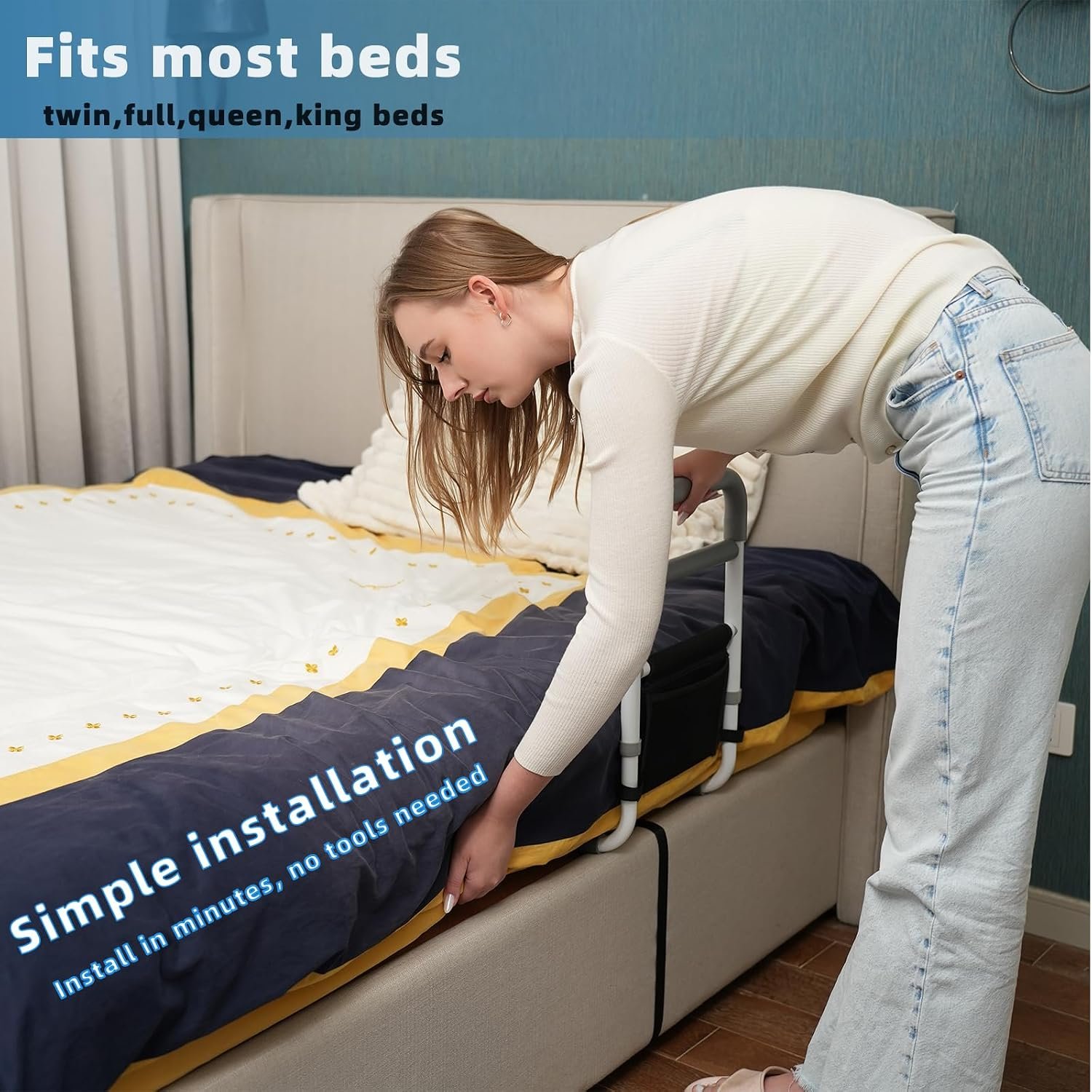 Bed Rails for Elderly Adults Safety, 350LBS Heavy Duty Grab Bar | Bed Assist Rail for Seniors, Non-Slip Bedside Handle, Fall Prevention Cane with Storage Pocket, Fits King/Queen/Full/Twin Bed - Image 5