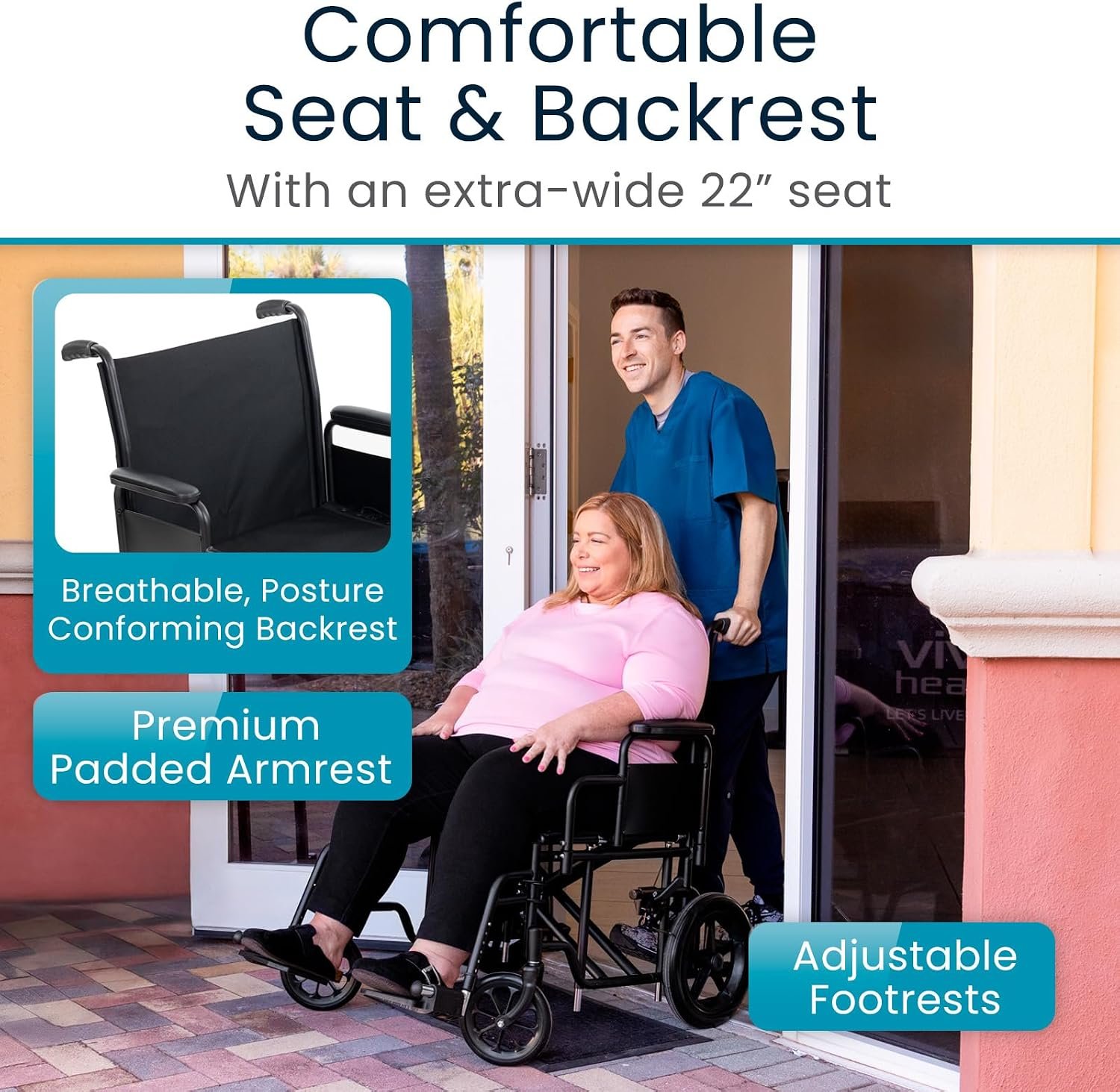 Vive Mobility Bariatric Transport Wheelchair for Adults - Supports 450lbs | Foldable, Heavy Duty Travel Wheel Chair - Portable, Transfer Aid with Swing Away Footrests & 22 Inch Wide Seat - Image 5