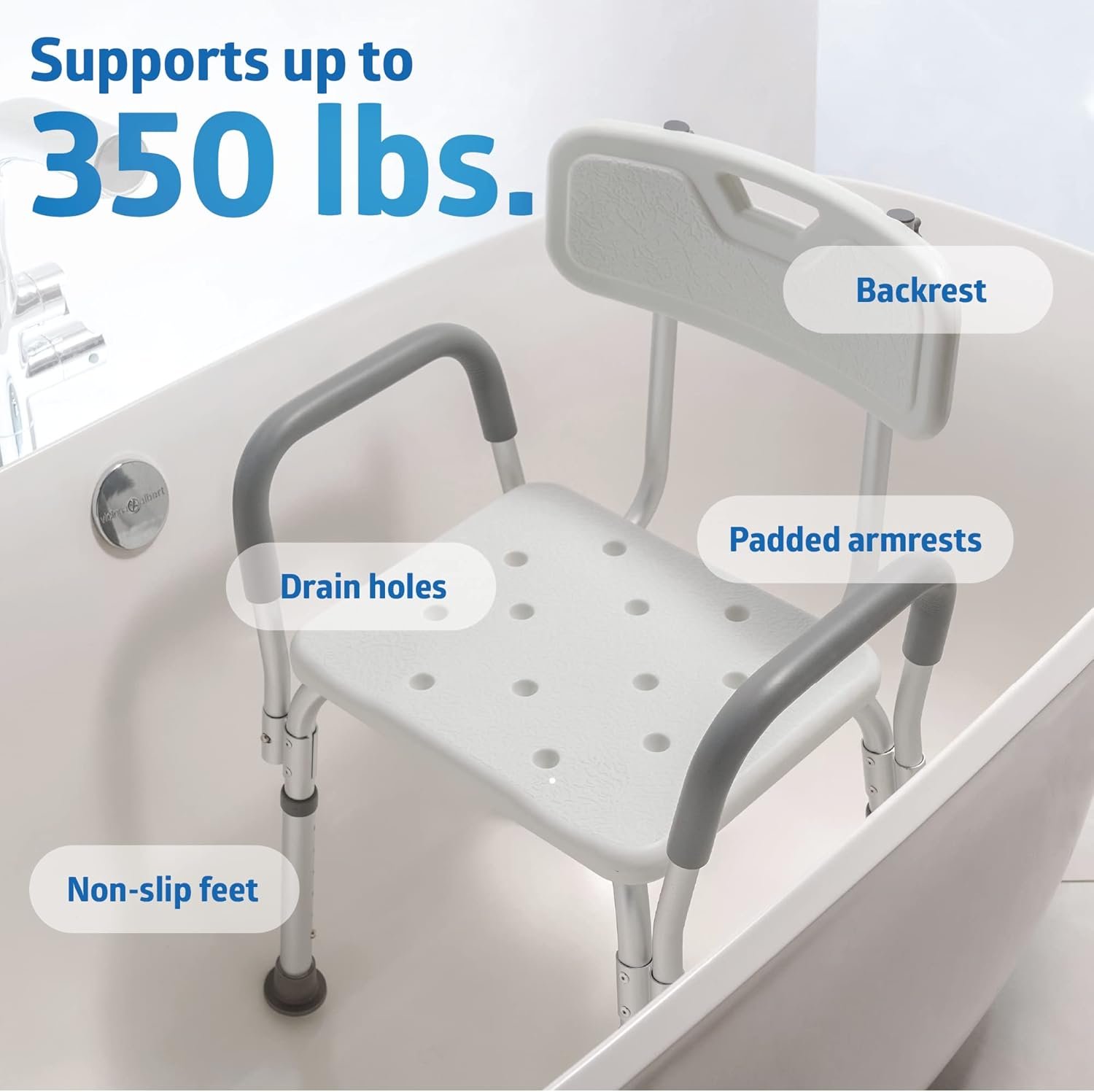 Medline Shower Chair with Backrest and Padded Armrests - 350 lb. capacity, Bath Bench, Seat, Stool for Independent Adult, Seniors, Elderly & Disabled Patients - Image 5