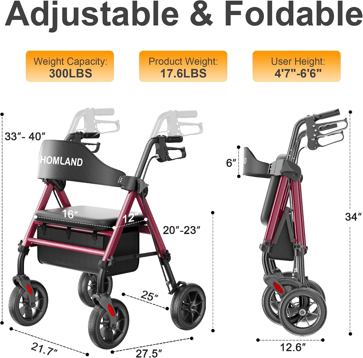 HOMLAND Foldable Rollator Walkers for Seniors with Seat, 17 lb Lightweight | 8" All-Terrain Rubber Wheels, Reinforced Aluminum Frame, Cup Holder, 16'' Enlarged Seat, Height Adjustable, Easy Assembly - Image 5