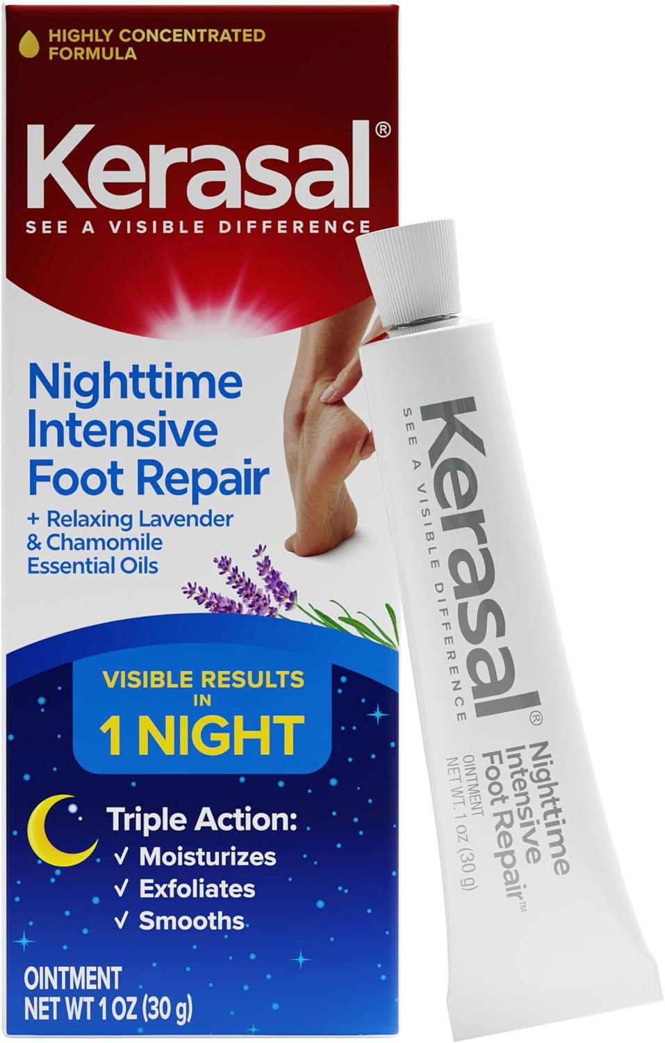 Kerasal Nighttime Intensive Foot Repair, Skin Healing Ointment for Cracked Heels and Dry Feet, 1 oz (Packaging May Vary)