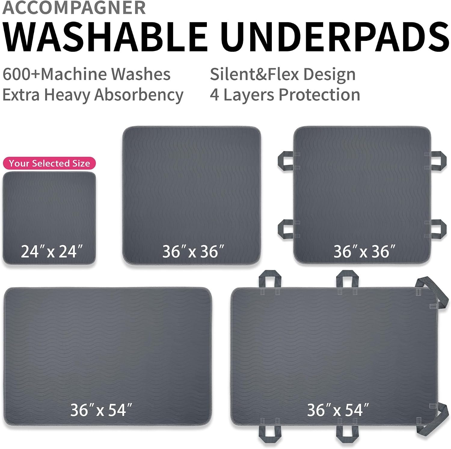 Accompagner Incontinence Bed Pads Washable Waterproof, Ultra-Absorbent Reusable Underpads for Diaper Changing, Nursing, Bedridden, Adults, Seniors, Kids and Dogs (Dark Gray, 24"x24"(Pack of 4)) - Image 4