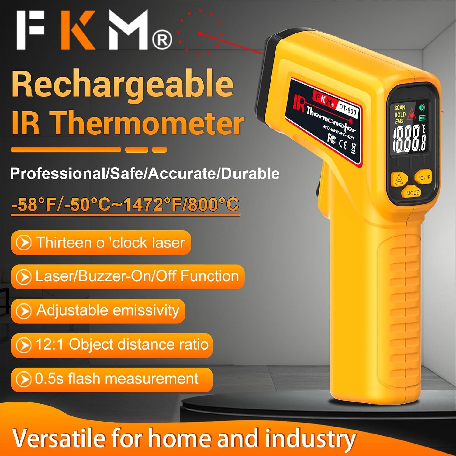 FKM Rechargeable Infrared Thermometer Gun,13-Point Laser-High Precision | -58°F~1472°F Non-Contact Laser Thermometer Gun,Digital IR Temperature Gun for Cooking,Griddle,Oven,HVAC,Automotive,Industrial - Image 2