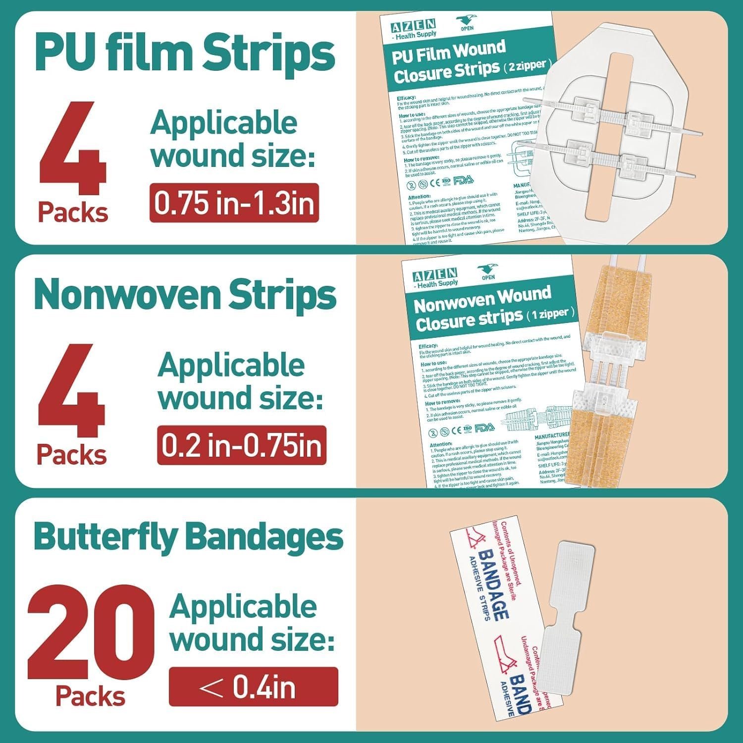 AZEN 28 Pack Wound Closure Strips, 3 Types Butterfly Bandages, Emergency Laceration Closure Kit, Repair Wounds Without Stitches, Quick Clot Zip Stitch Wound Closures Device - Image 2