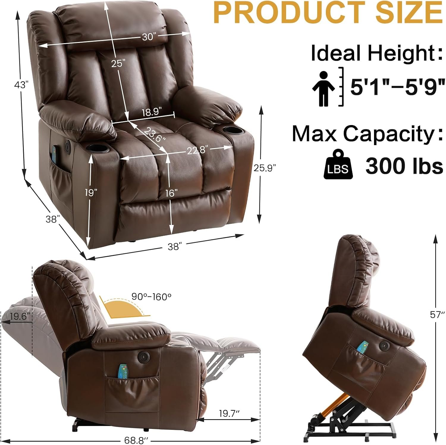 PARKOL Leather Power Lift Recliner Chair for Elderly and Adults | 8-point massage, lumbar heat, silent motor, water-resistant PU leather, USB charging and cup holders, easy assembly - Image 2