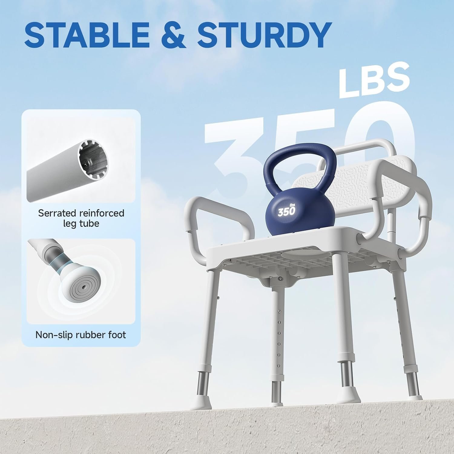 Loyoda Shower Chair for Inside Shower with Back & Arms, Ideal for Seniors | Height Adjustable Shower seat for Disabled, 350 lb Capacity, Non-Slip, Rust-Resistant Aluminum Frame - Image 3