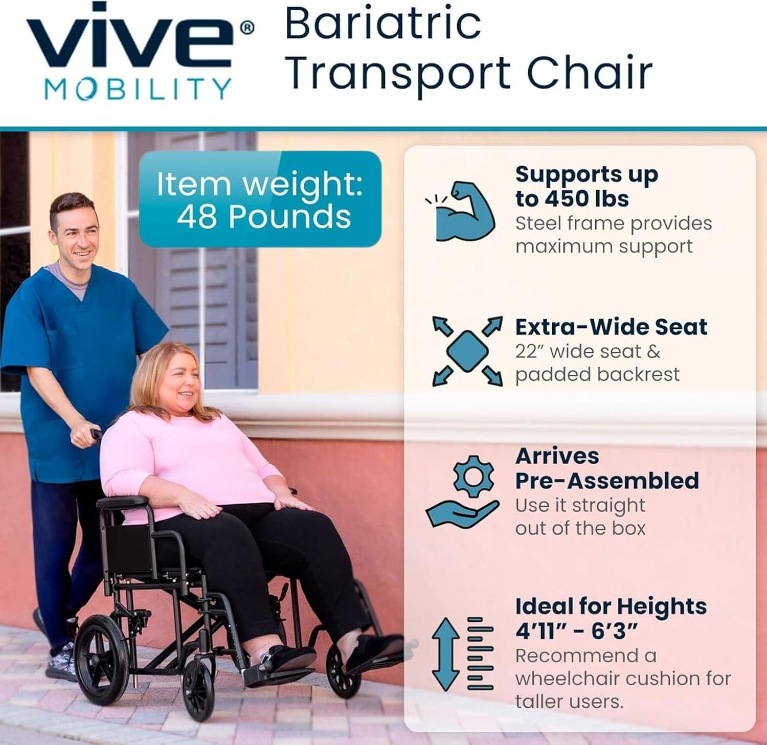 Vive Mobility Bariatric Transport Wheelchair for Adults - Supports 450lbs | Foldable, Heavy Duty Travel Wheel Chair - Portable, Transfer Aid with Swing Away Footrests & 22 Inch Wide Seat - Image 2