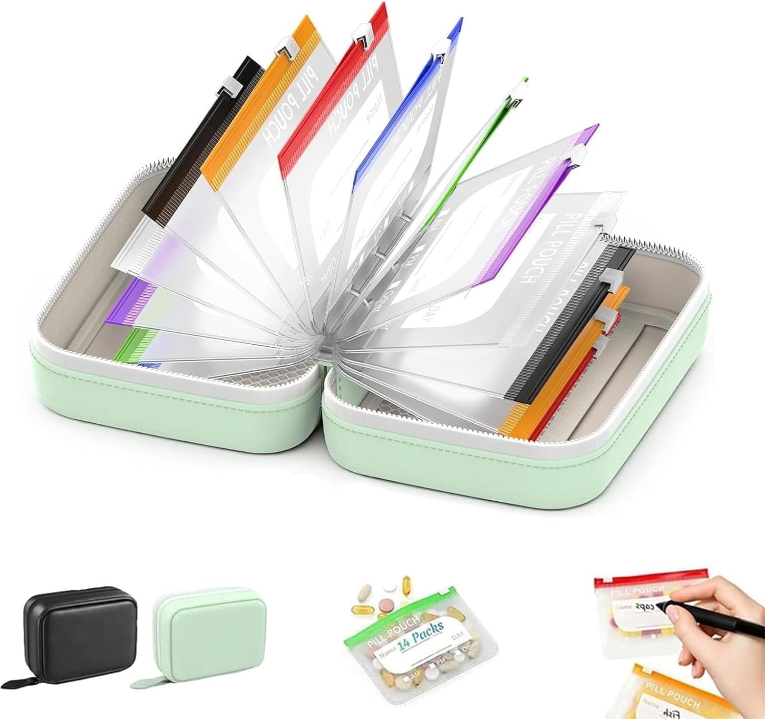 Waterproof Pill Pouch Set, Waterproof Pill Organizer Set with 14pcs Bags Inside, 7 to 14 Days of Meds & Medicine Crush-Resistant Shell, Portable Travel Pill Storage System for Holder Travel (Green)