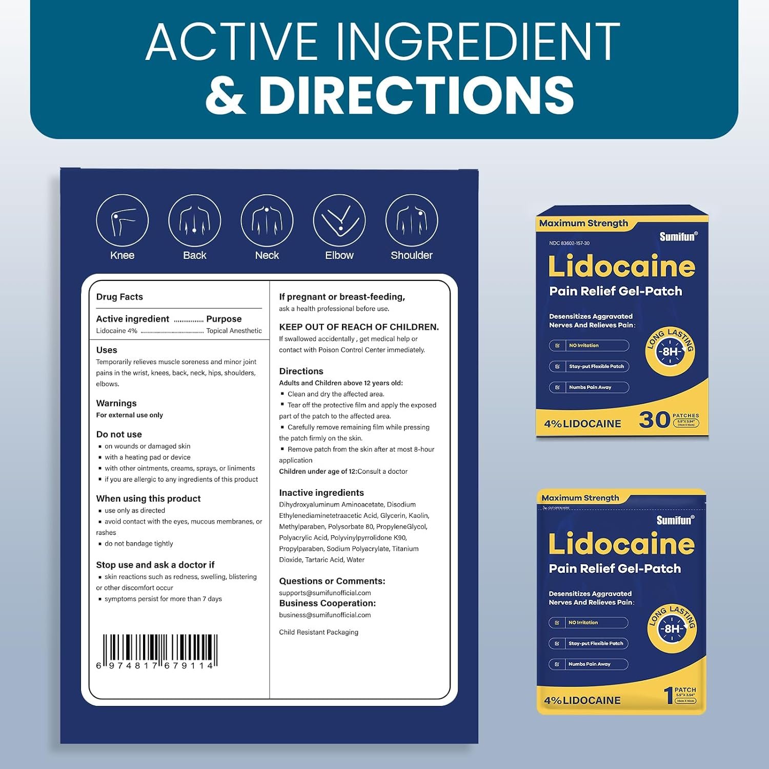 Sumifun 4% Lidocaine Pain Relief Patches 30 Count(Pack of 1) | Maximum Strength Numbing Gel Patch for Back Knee Neck Joint Ache Muscle Soreness Topical Analgesic - Image 8