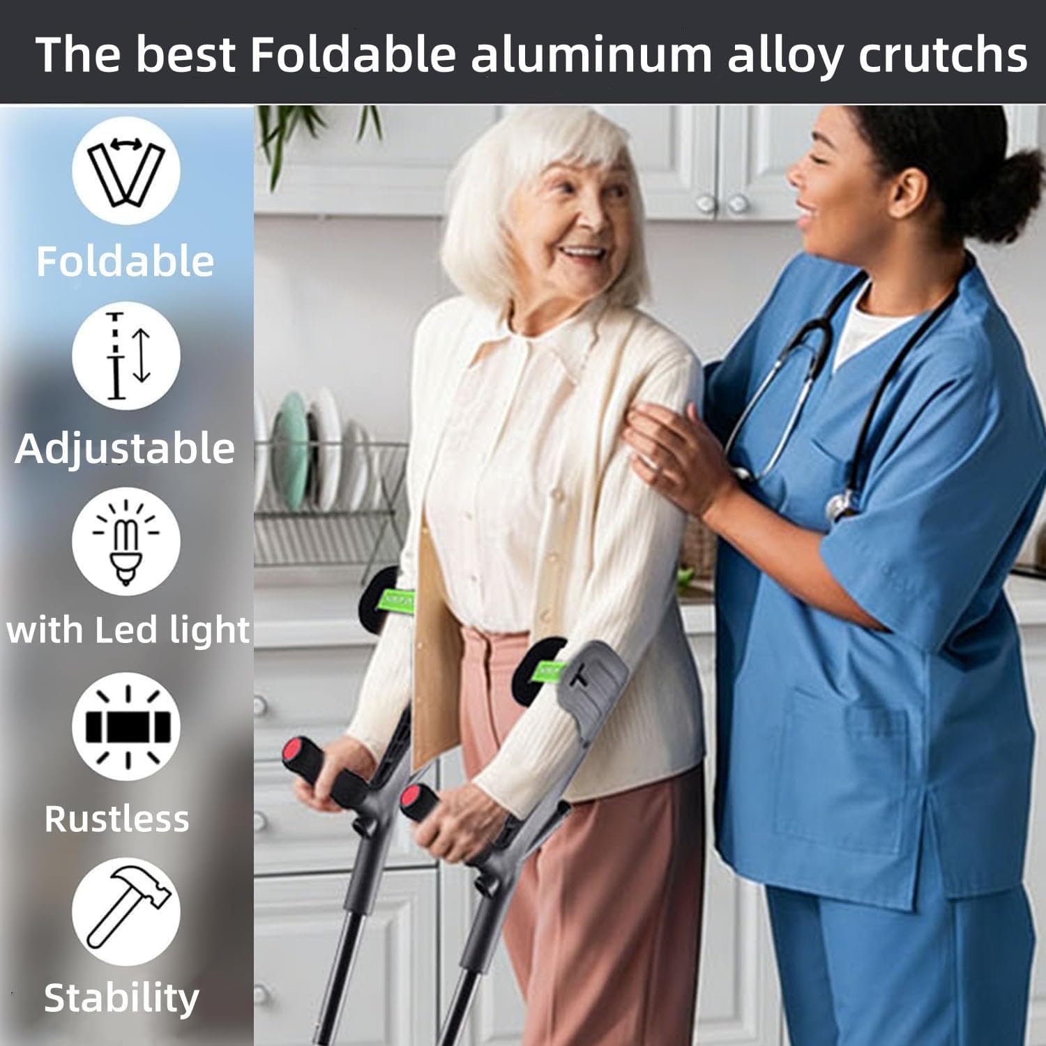 Forearm Crutches for Adults Foldable Knee Patients Mobility aids for Childre and Seniors for with Leg Injury Adjustable Travel Lightweight Walking Stick (Black Pro) - Image 3