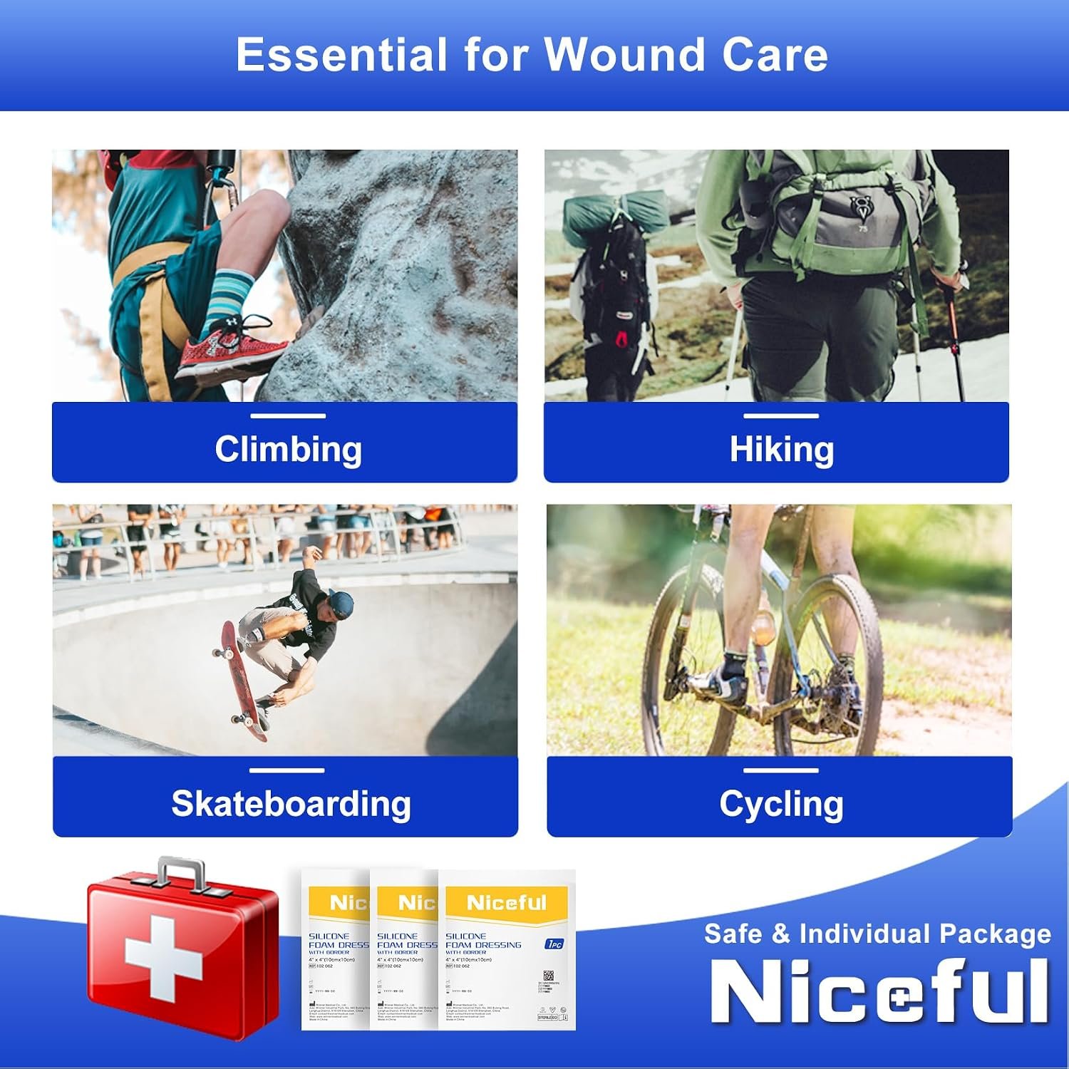 Niceful Silicone Foam Dressing 4"x4", Waterproof Silicone Bandages with Border Adhesive, High Absorbency Bed Sore Bandages Wound Care Dressing (2.5"X2.5" Pad), 5 Packs, FSA HSA Eligible | Bordered Silicone Foam, 5-Layer Exudate Lock, Waterproof Painless Removal, Mild-Moderate Wounds - Image 5