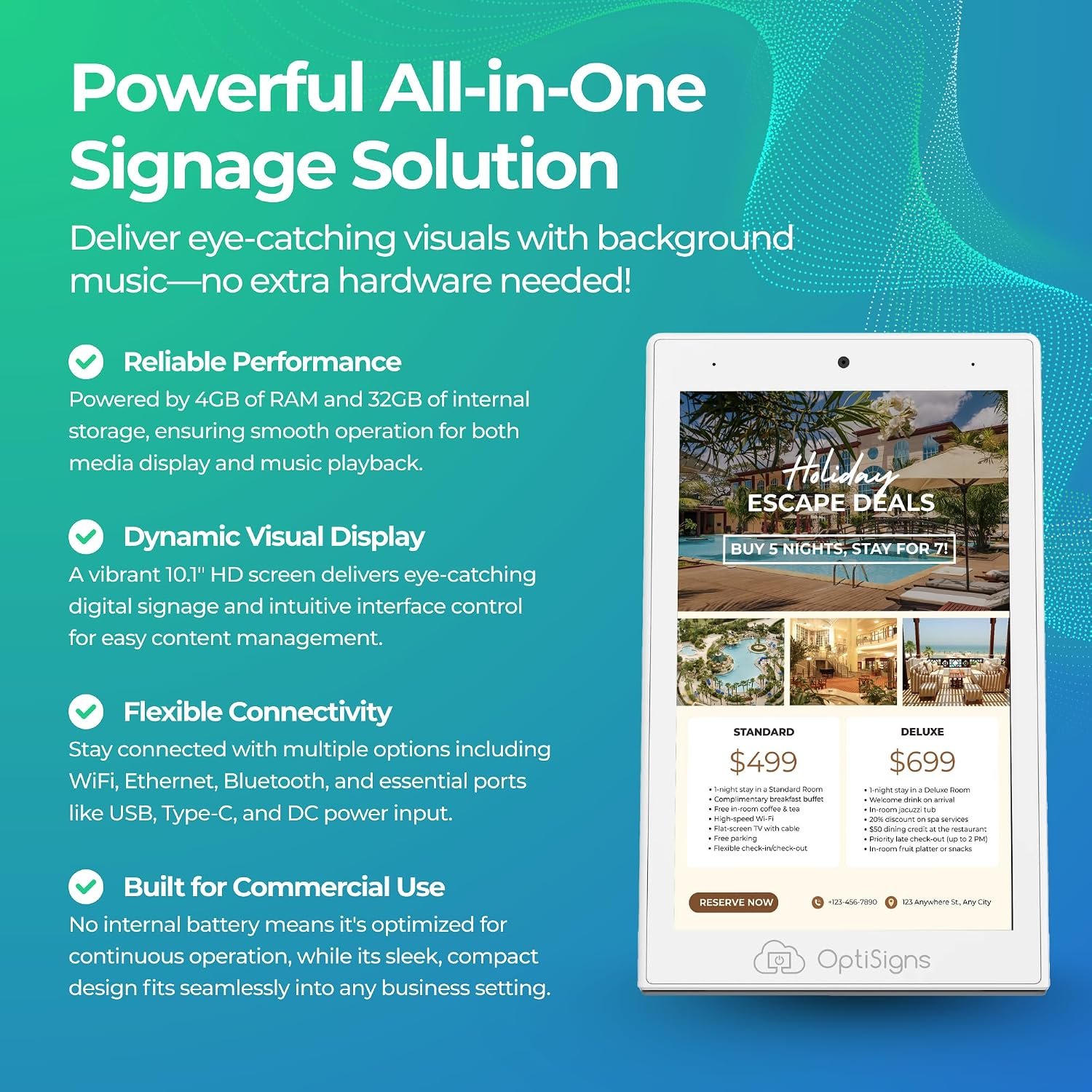 OptiSigns OptiKiosk 10 - Countertop Digital Signage Kiosk, 10.1" HD Touchscreen Display with Wi-Fi, Ethernet & Bluetooth, Software, Optional Background Music - Image 4