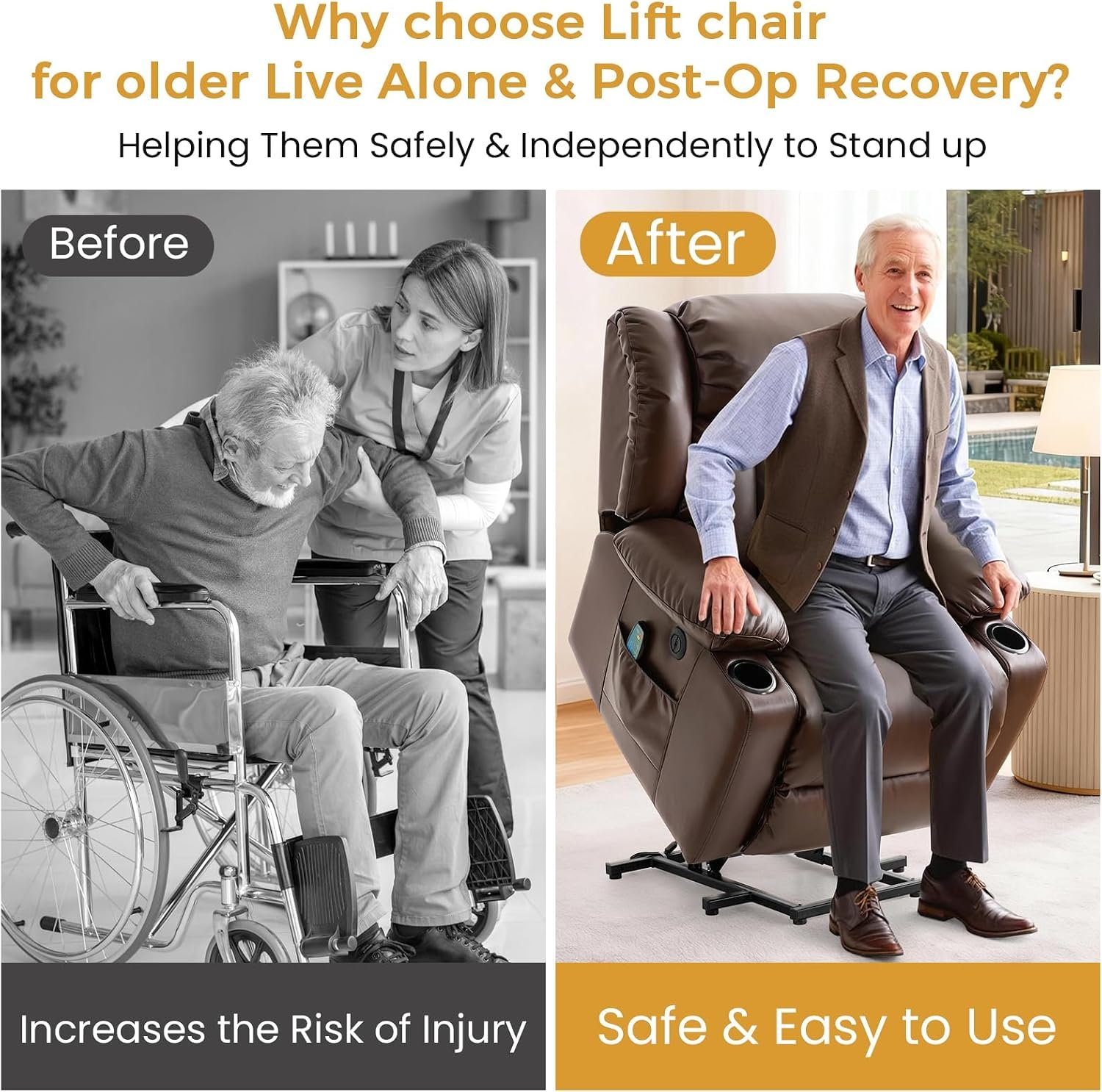 PARKOL Leather Power Lift Recliner Chair for Elderly and Adults | 8-point massage, lumbar heat, silent motor, water-resistant PU leather, USB charging and cup holders, easy assembly - Image 5