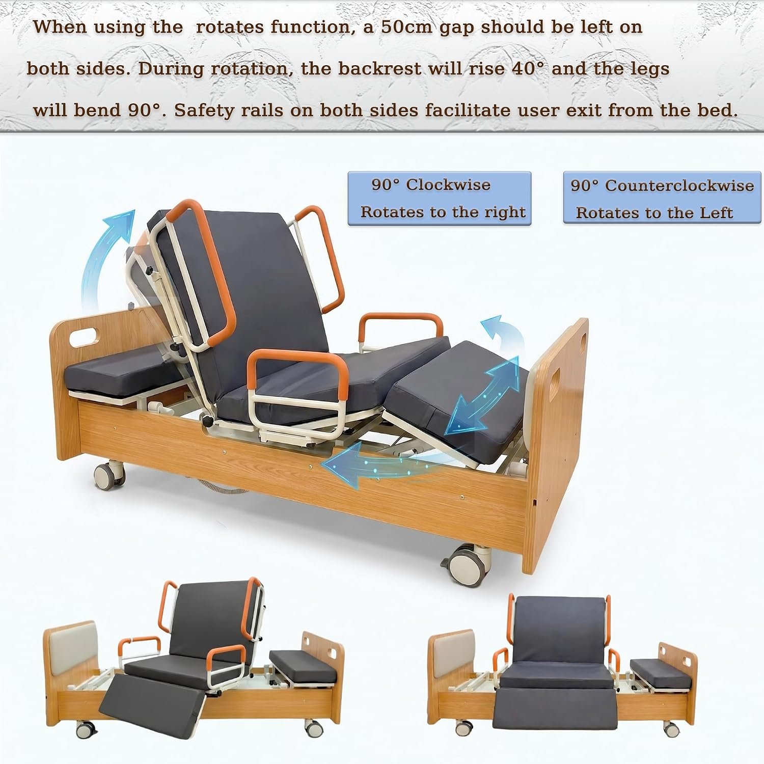 Electric Rotating Hospital Medical Beds for Senior Disabled Home Care Use | 750lbs, 90° Rotated Nursing Beds for Home Care with Adjustable Lateral Tilt & Backrest Leg Height - Image 6