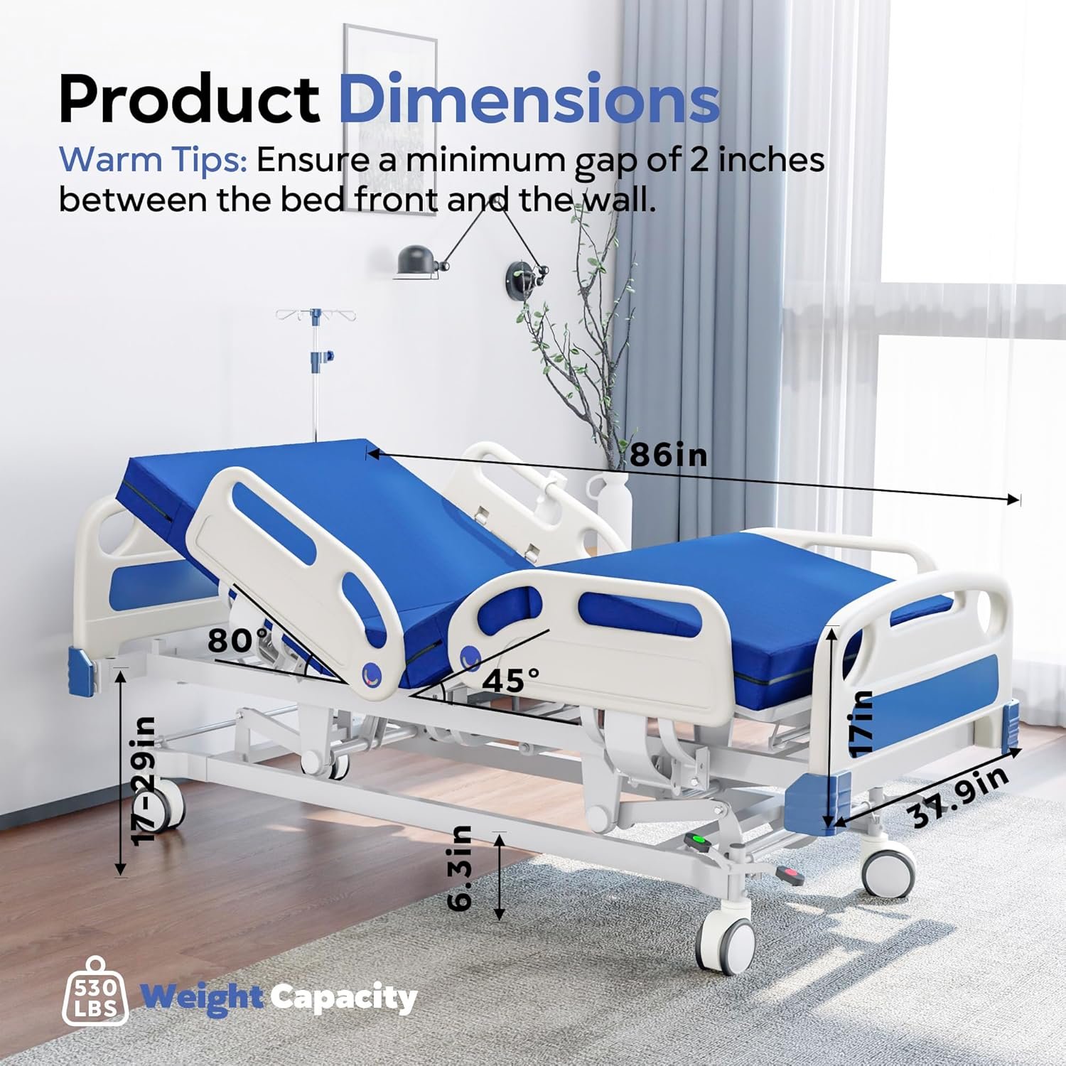 Premium Full Electric Hospital Bed for Home Use, 5 Function Medical Bed with 4.7” Foam Mattress, Height Adjustable, Central Locking System, Includes Sheets (2X) - Image 8