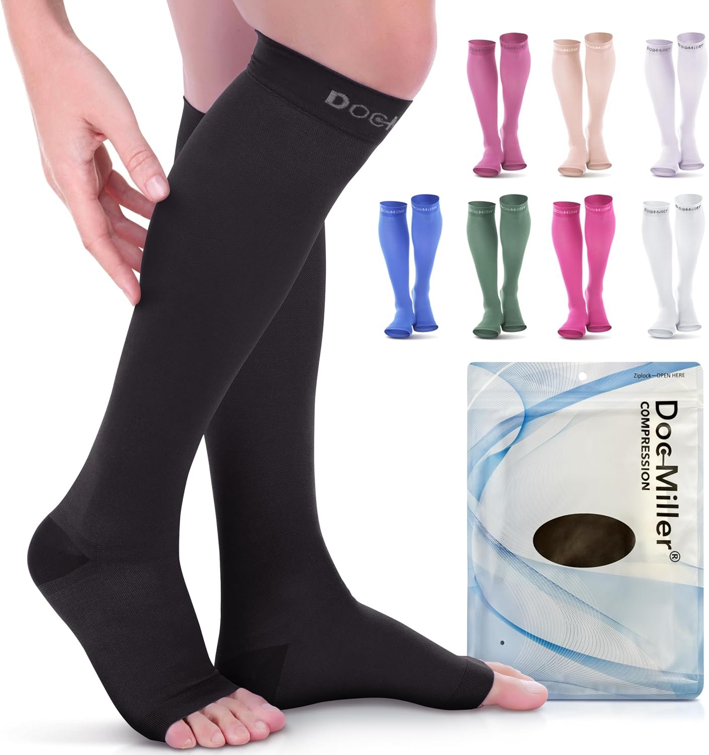 Doc Miller Open Toe Compression Socks, 20-30 mmHg, Knee High, Men & Women | Toeless Compression Sleeves, Knee-High Stockings: Shin Splints, Varicose Veins, Travel, Calf Support & Muscle Recovery, Pair