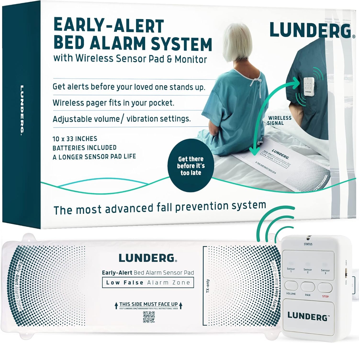 Lunderg Wireless Early Alert Bed Alarm System for Elderly & Fall Prevention | Alerts Caregivers Before They Get Up. No Loud In-Room Alarm To Frighten Your Loved One. Great For Dementia Care. US Company.