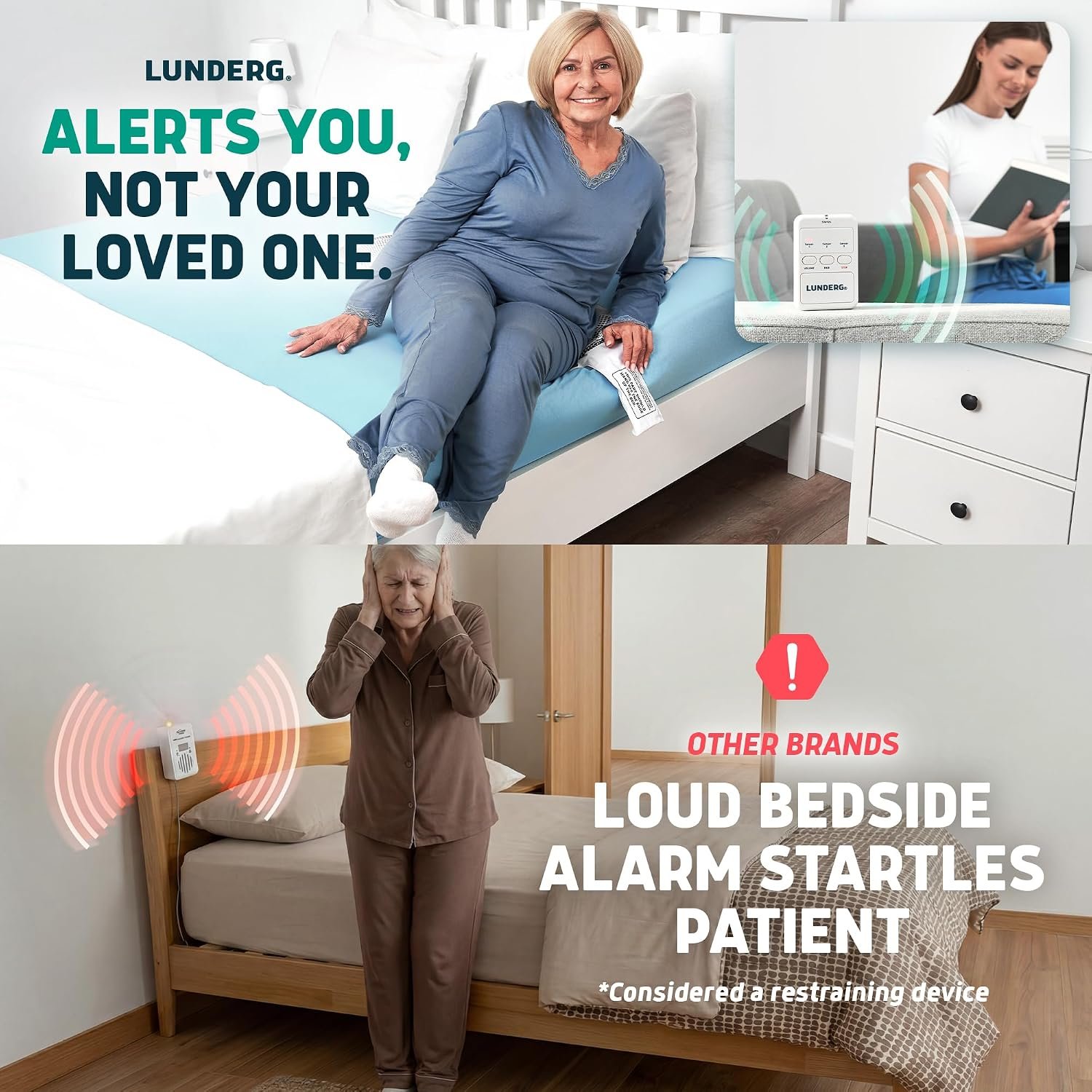 Lunderg Wireless Early Alert Bed Alarm System for Elderly & Fall Prevention | Alerts Caregivers Before They Get Up. No Loud In-Room Alarm To Frighten Your Loved One. Great For Dementia Care. US Company. - Image 2