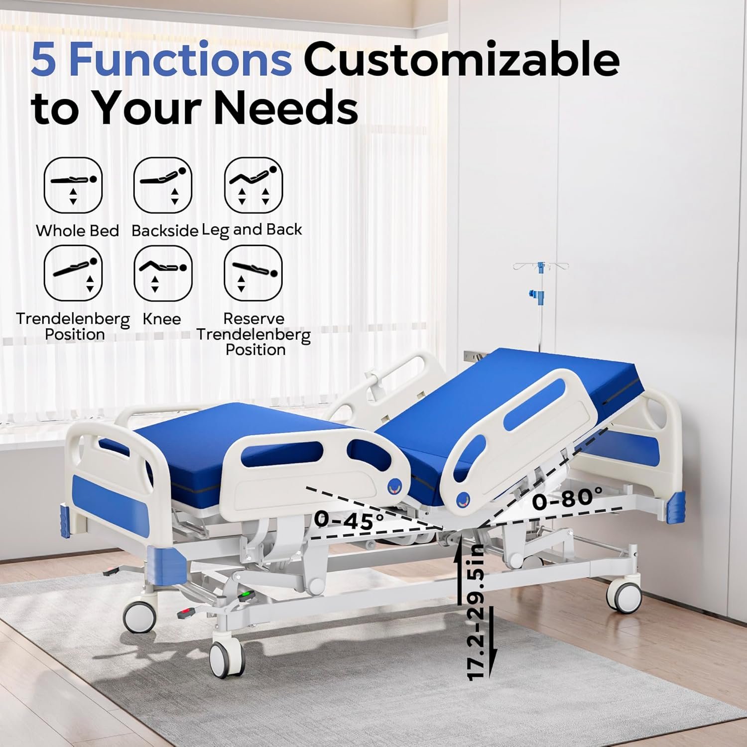 Premium Full Electric Hospital Bed for Home Use, 5 Function Medical Bed with 4.7” Foam Mattress, Height Adjustable, Central Locking System, Includes Sheets (2X) - Image 2