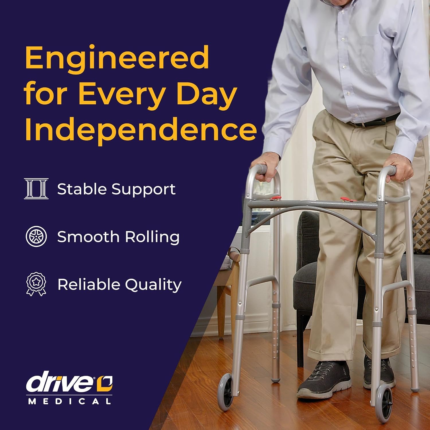 Drive Medical Two-Button Folding Walker with Wheels, Height Adjustable | Two-Button Rolling Walker Features Dual Push-Button Operation, Adjustable Height and Durable Aluminum Frame - Image 2